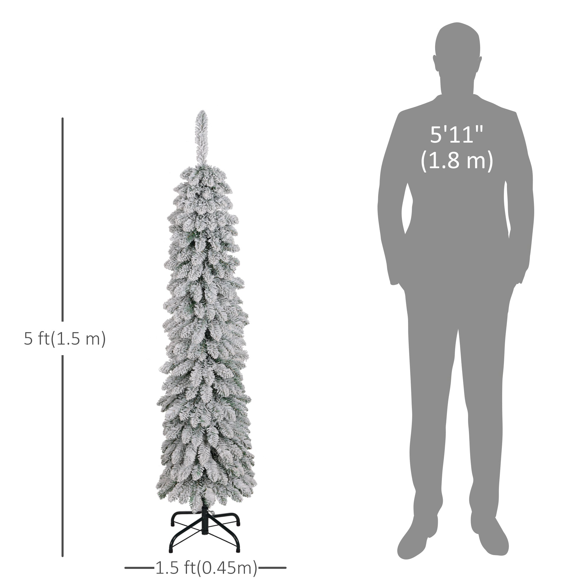 HOMCOM 5 FT Snow-Flocked Artificial Christmas Tree, Slim Pencil Xmas Tree with Realistic Branches, Metal Base, Green