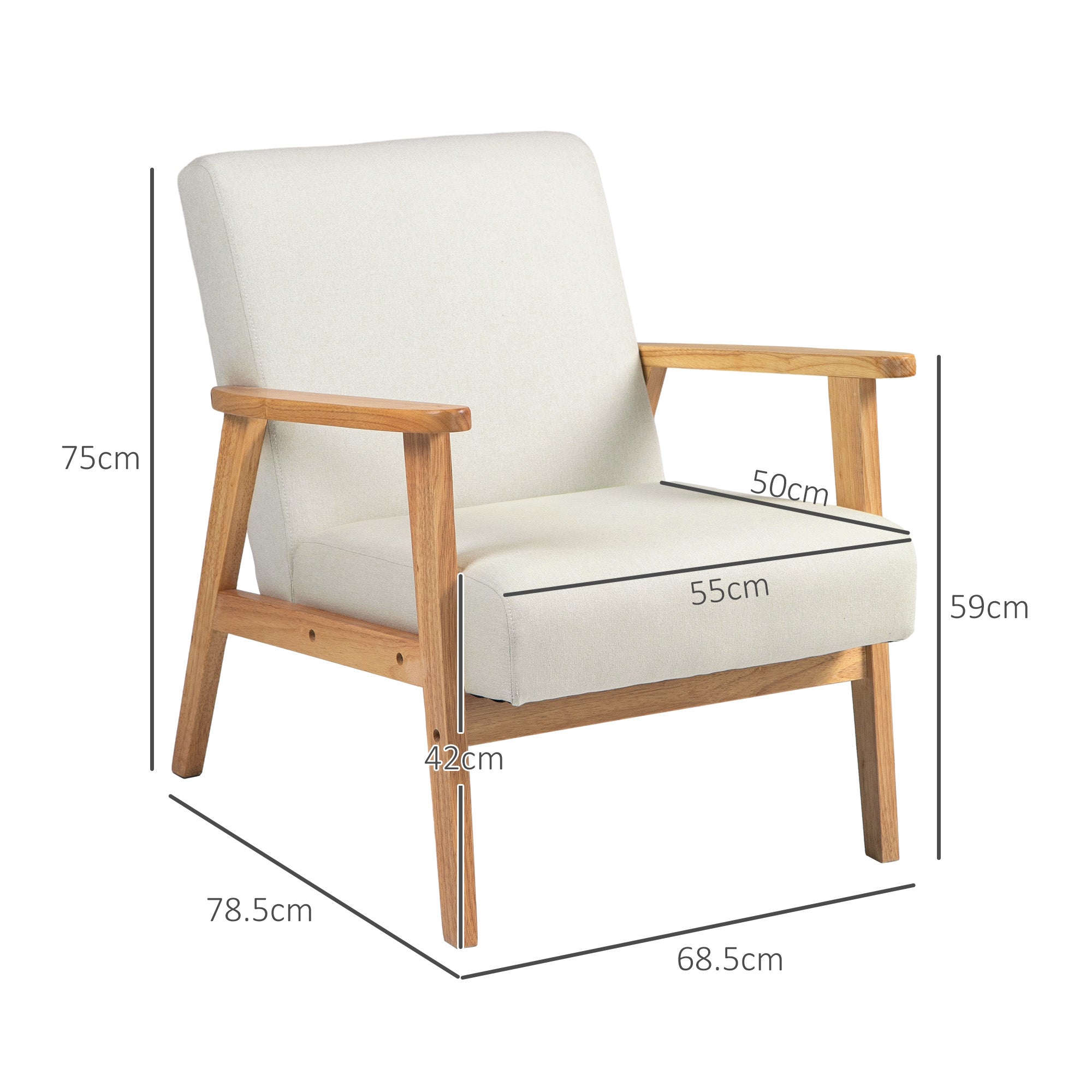 HOMCOM Accent Armchair, Living Room Chair, Wooden Upholstered Single Lounge Chair with Rubber Wood Legs and Padded Seat , Leisure Sofa Chair for Bedroom Office, Cream White