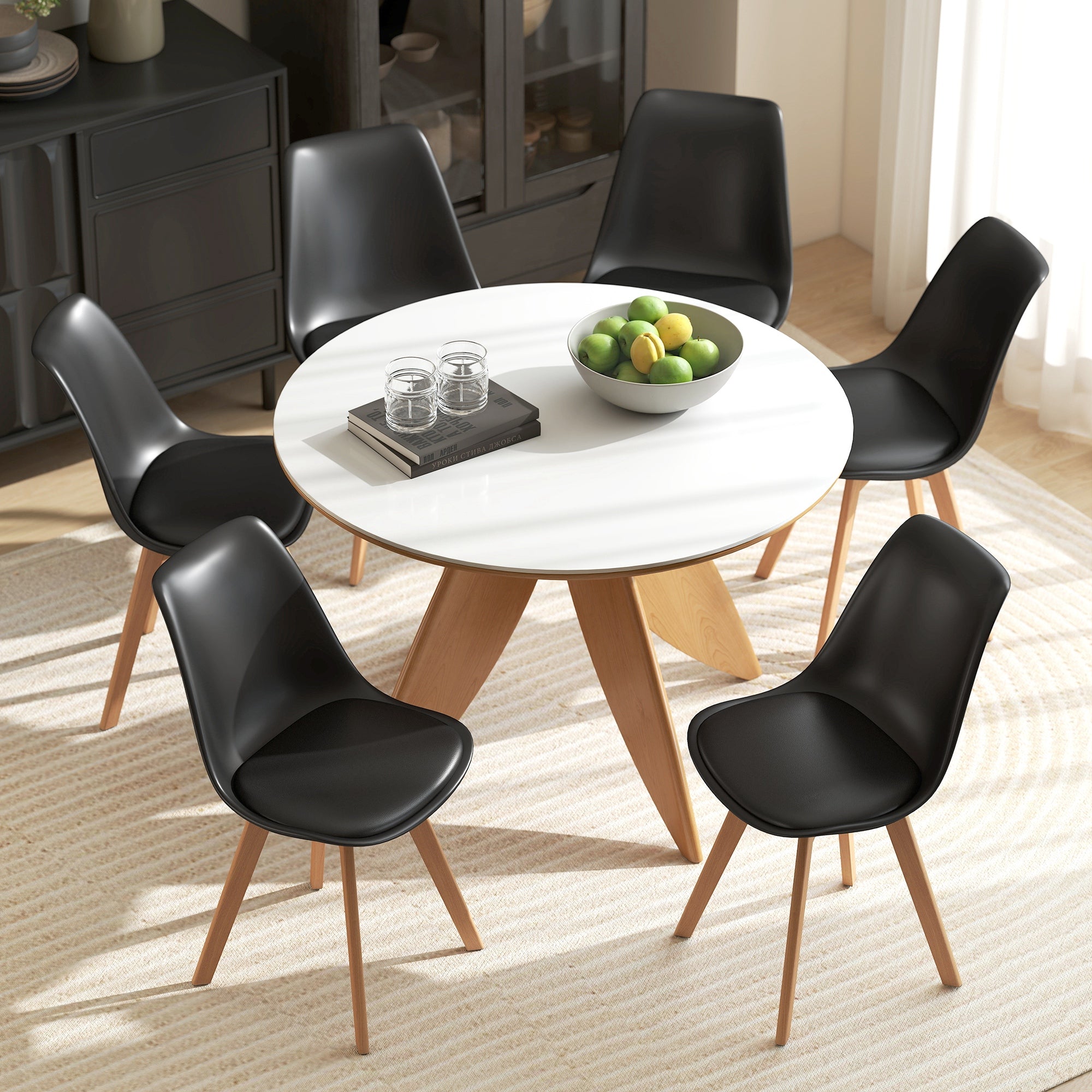 Dining Chairs Set of 6, Modern Kitchen Chairs with PU Leather Cushion and Wood Base, Upholstered Accent Chairs for Living Room and Dining Room, Black