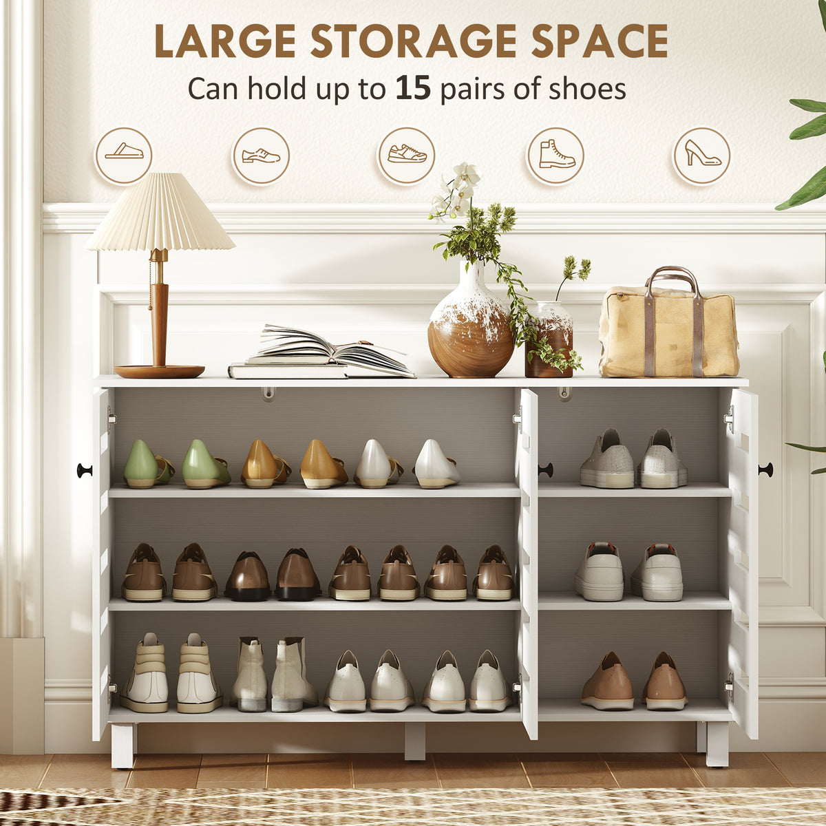 Shoe Cabinet, Shoe Storage Cabinet with 3 Slatted Doors, 3-tier Shelving Shoe Rack Cabinet with Adjustable Shelves for Entryway, Hallway, Living Room, Holds 15 Pairs, White