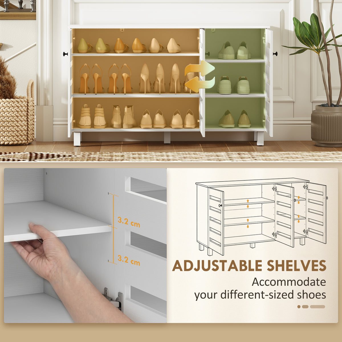 Shoe Cabinet, Shoe Storage Cabinet with 3 Slatted Doors, 3-tier Shelving Shoe Rack Cabinet with Adjustable Shelves for Entryway, Hallway, Living Room, Holds 15 Pairs, White