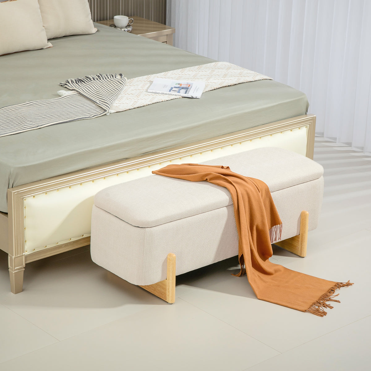 Storage Ottoman with Linen-Look Upholstery, Storage Bench with Safety Hinges and Wooden Legs for Bedroom, Hallway, Cream White