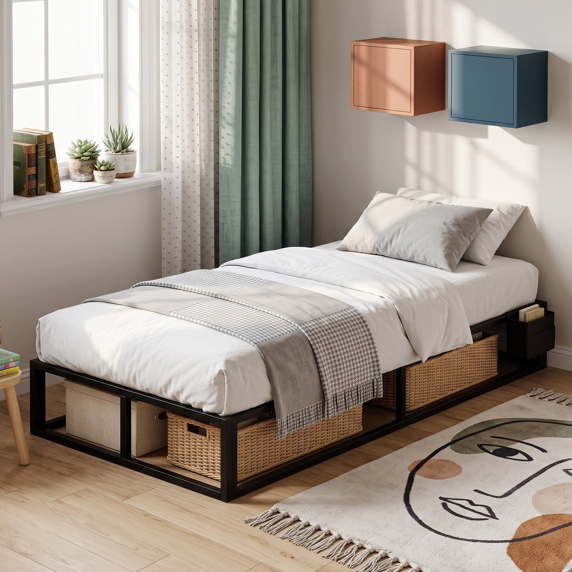 3ft Single Bed Frame with Storage Bag, 12 Slats Metal Platform Bed Frame, Mattress Foundation, Noise-Reducing centre Bar and Anti-Slip Pads, Wood Slat Support, Strong Support, Black