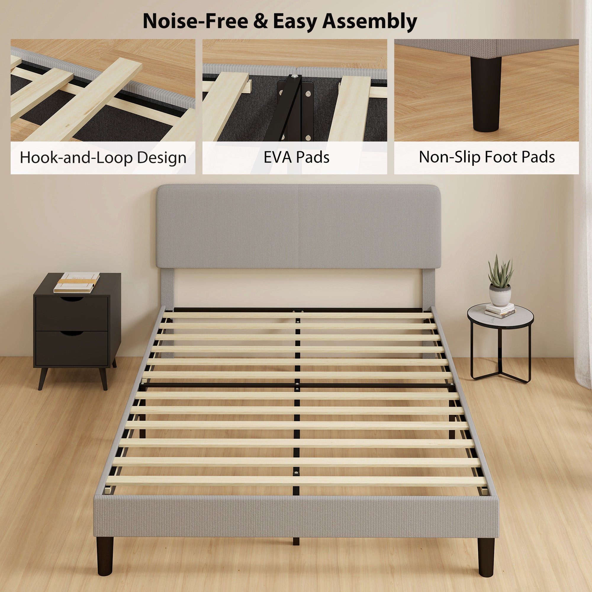 Queen Bed Frame with Adjustable Headboard, Corduroy Upholstered Platform Bed Frame, Wood Slat Support, Noise Free, No Box Spring Needed, Easy Assembly, Light Grey