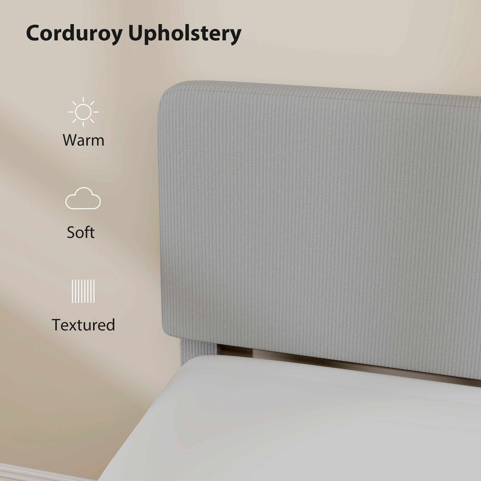 Queen Bed Frame with Adjustable Headboard, Corduroy Upholstered Platform Bed Frame, Wood Slat Support, Noise Free, No Box Spring Needed, Easy Assembly, Light Grey