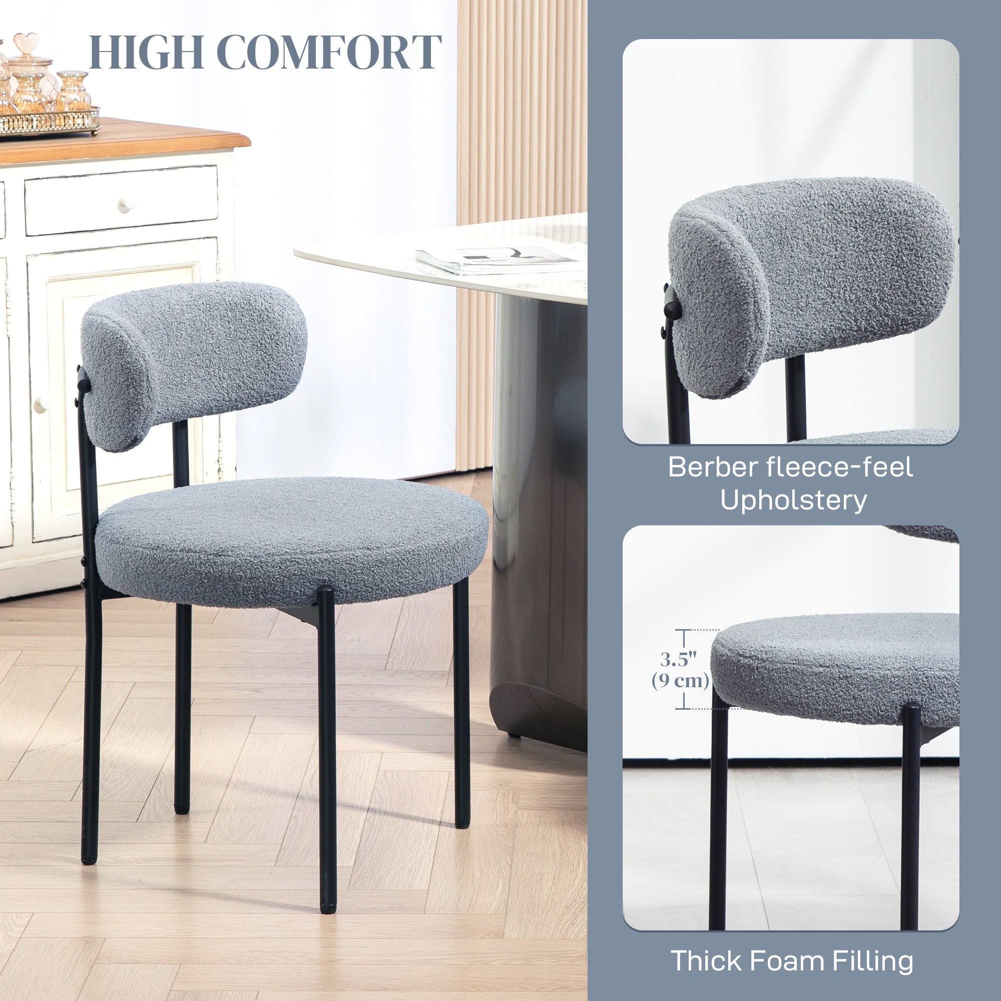 HOMCOM Dining Chairs Set of 2, Modern Kitchen Chairs with Berber Fleece Upholstery and Steel Legs for Living Room, Bedroom, Grey