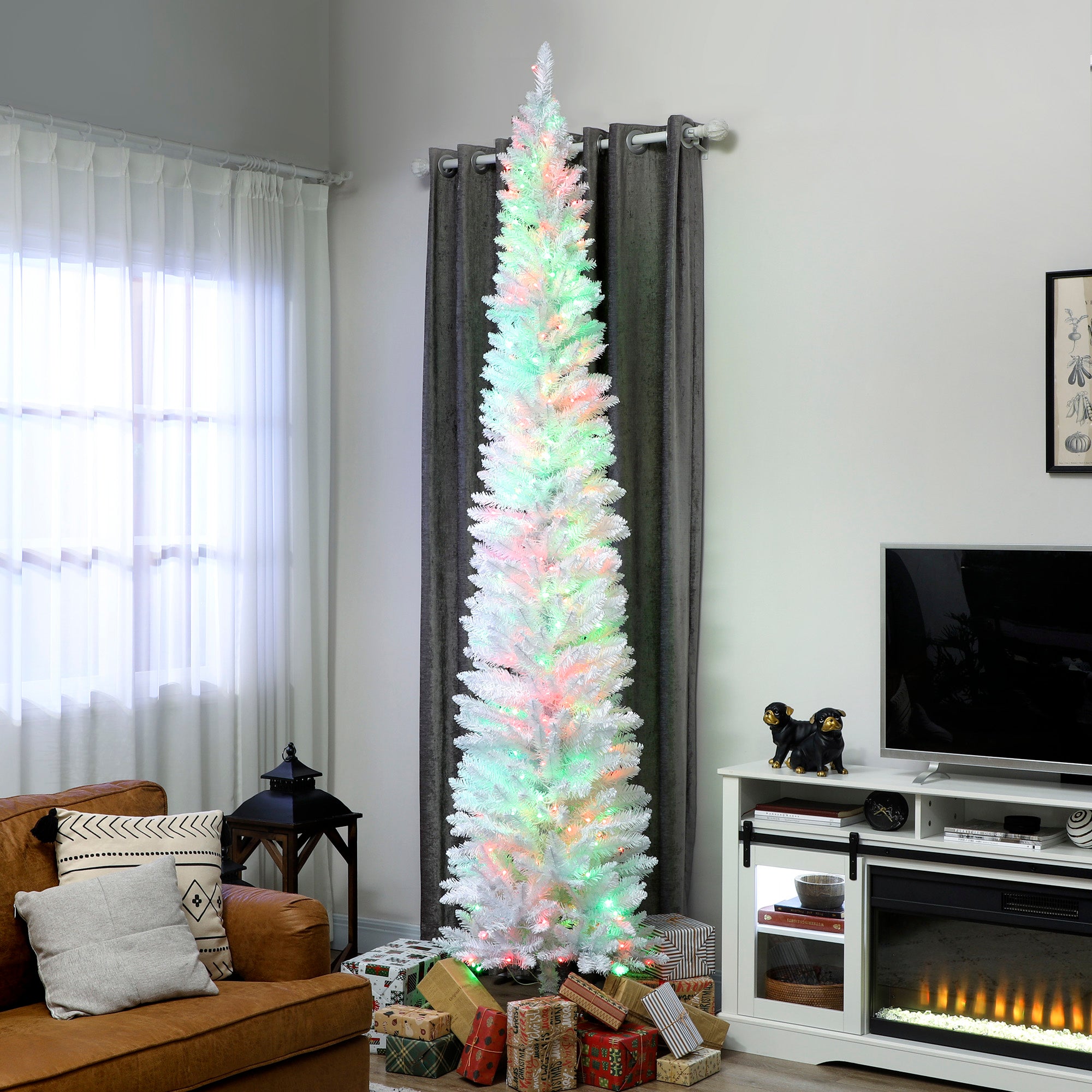9ft Prelit Christmas Tree with Colourful DIY Synchronized LED Lights, Hinged Pencil Xmas Tree with Remote, 12 Modes, Daily Timer, Adjustable Brightness and Speed, White
