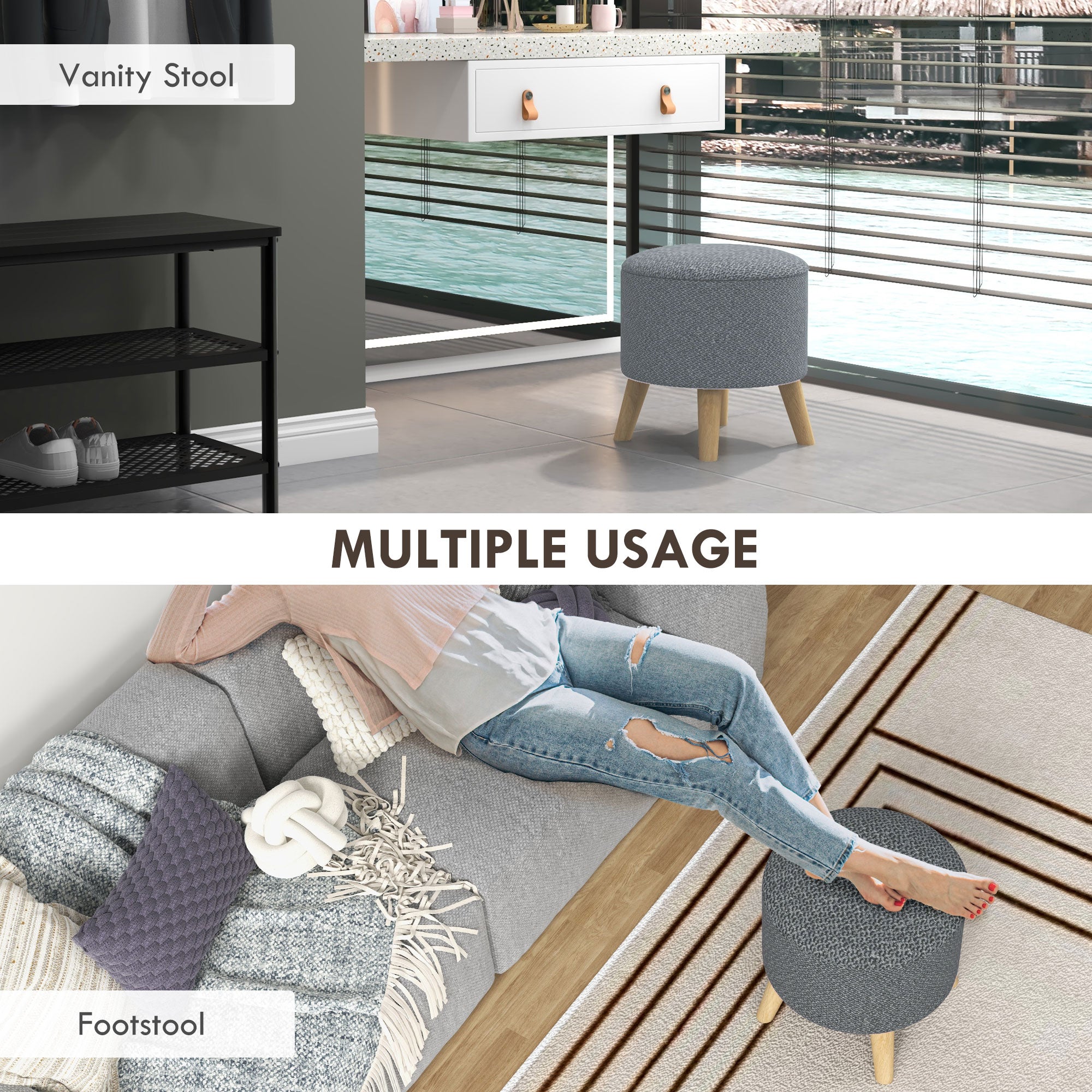 Round Ottoman Stool with Hidden Storage, Linen Fabric Upholstered Foot Stool, Grey - HOMCOM