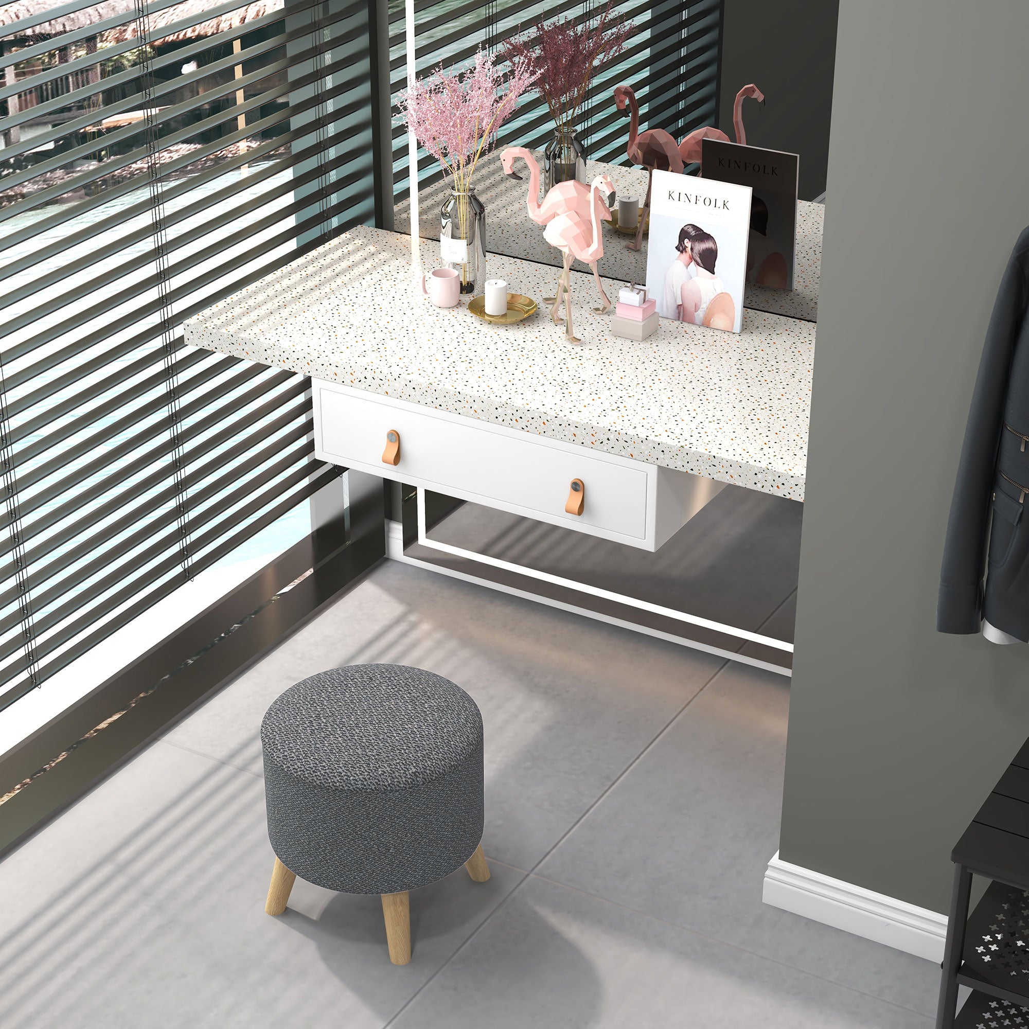 Round Ottoman Stool with Hidden Storage, Linen Fabric Upholstered Foot Stool, Grey - HOMCOM