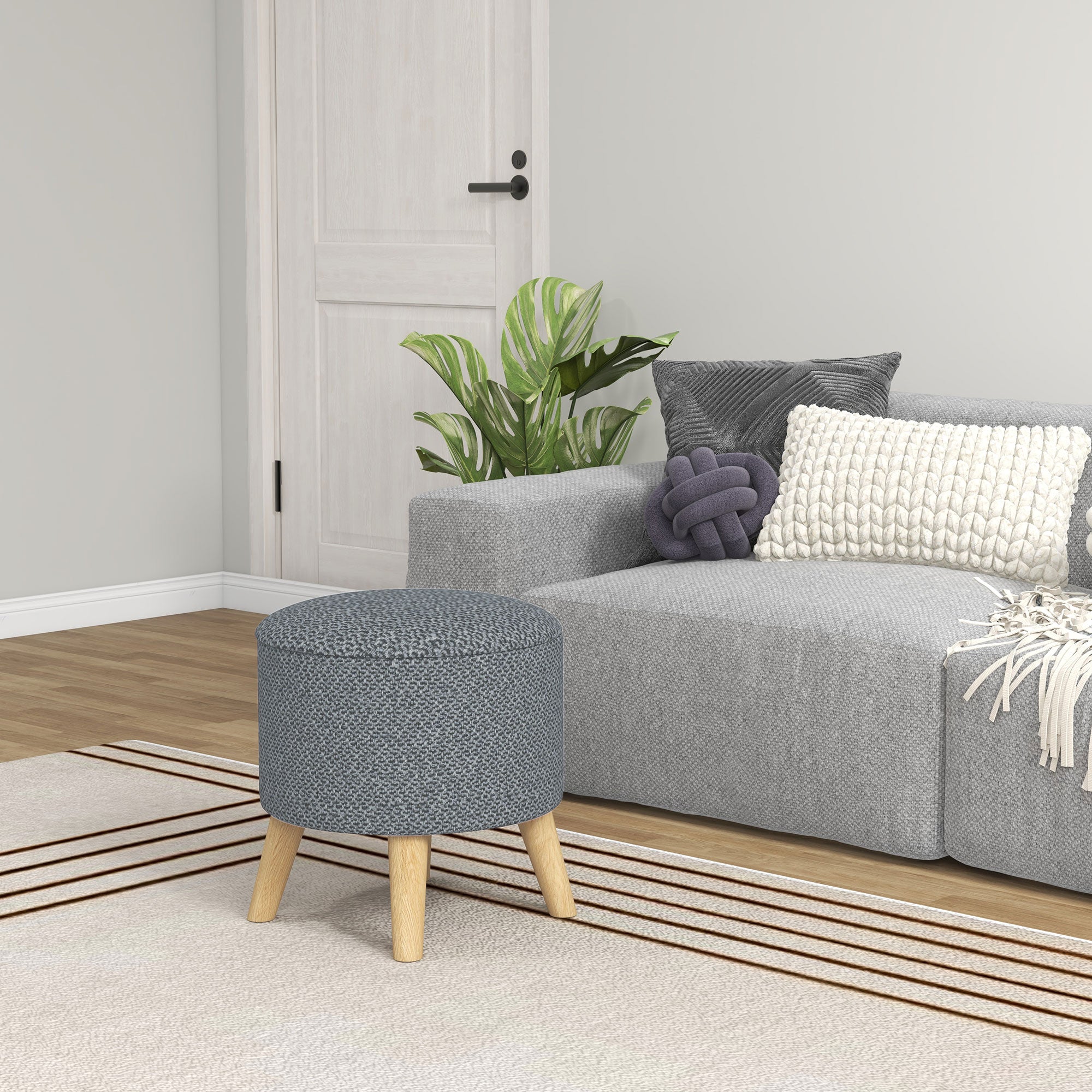 Round Ottoman Stool with Hidden Storage, Linen Fabric Upholstered Foot Stool, Grey - HOMCOM