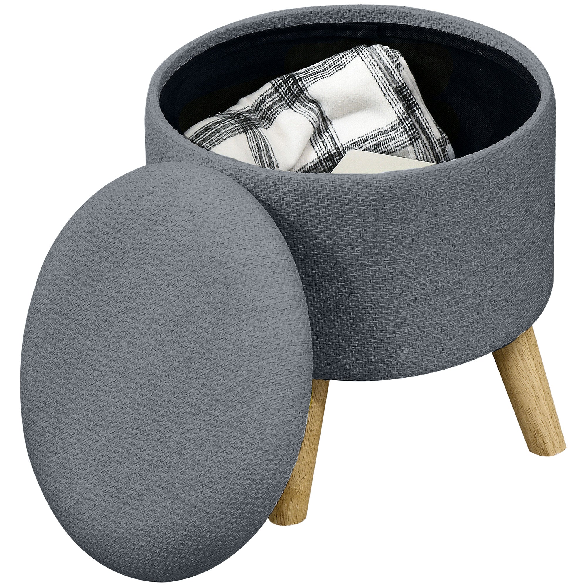 Round Ottoman Stool with Hidden Storage, Linen Fabric Upholstered Foot Stool, Grey - HOMCOM