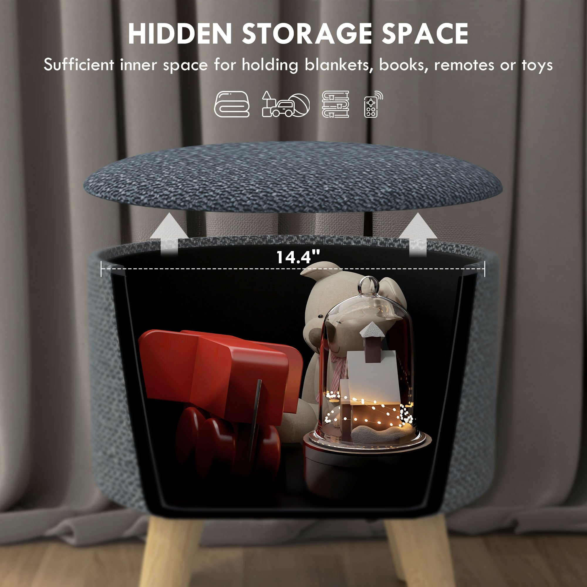 Round Ottoman Stool with Hidden Storage, Linen Fabric Upholstered Foot Stool, Grey - HOMCOM