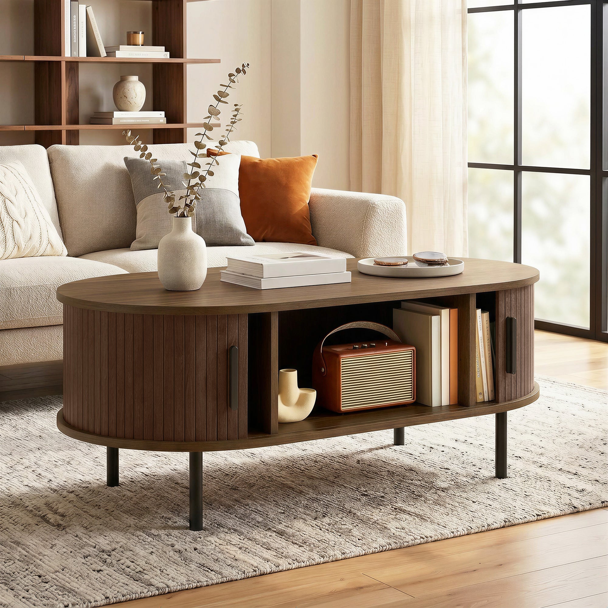 Mid-Century Modern Coffee Table, Center Table for Living Room with Storage, Sliding Tambour Doors, Rounded Edges and Metal Legs, Brown