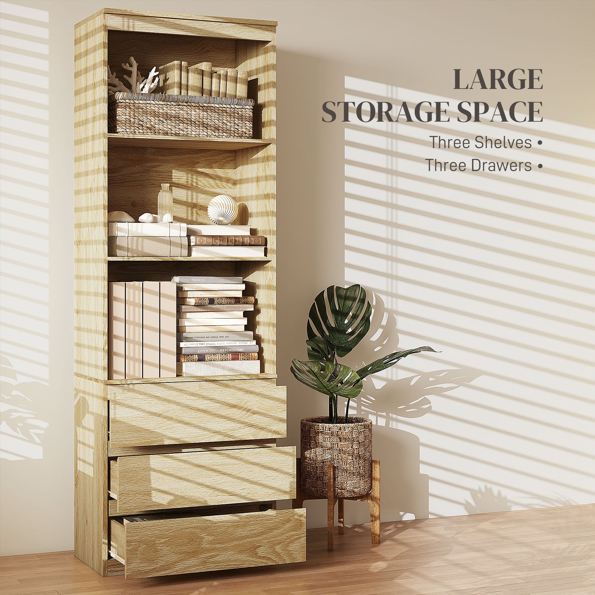 HOMCOM 180cm Tall Bookcase with Storage, Free Standing Bookshelf with 3 Shelves and 3 Drawers, Display Cabinet for Living Room, Home Office, Bedroom, Oak Wood Effect