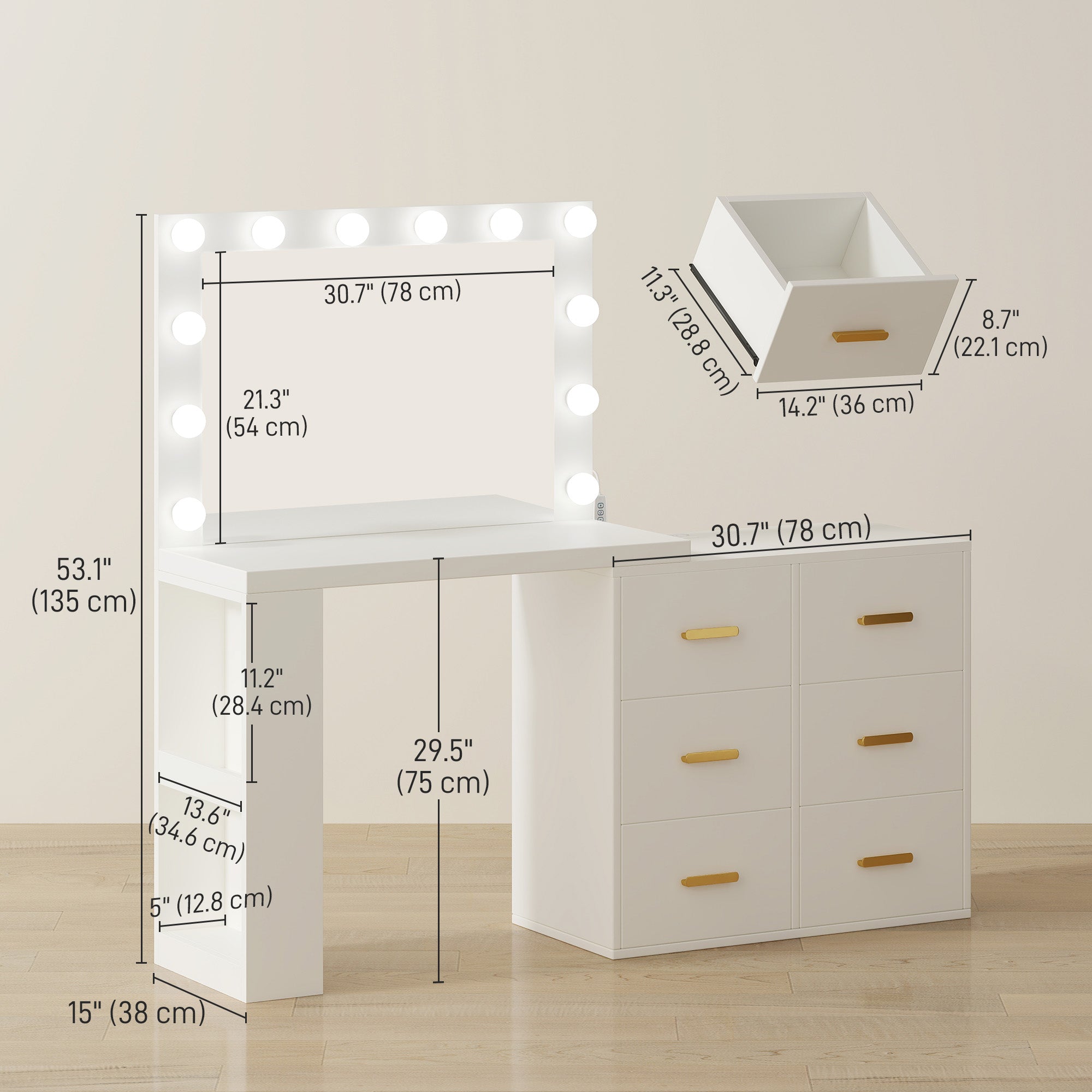 Vanity Desk with Mirror and 12 LED Lights, Makeup Table with Power Outlet, 3 Light Colour, 6 Drawers and 2 Open Shelves, Dressing Table for Bedroom, Dressing Room, White