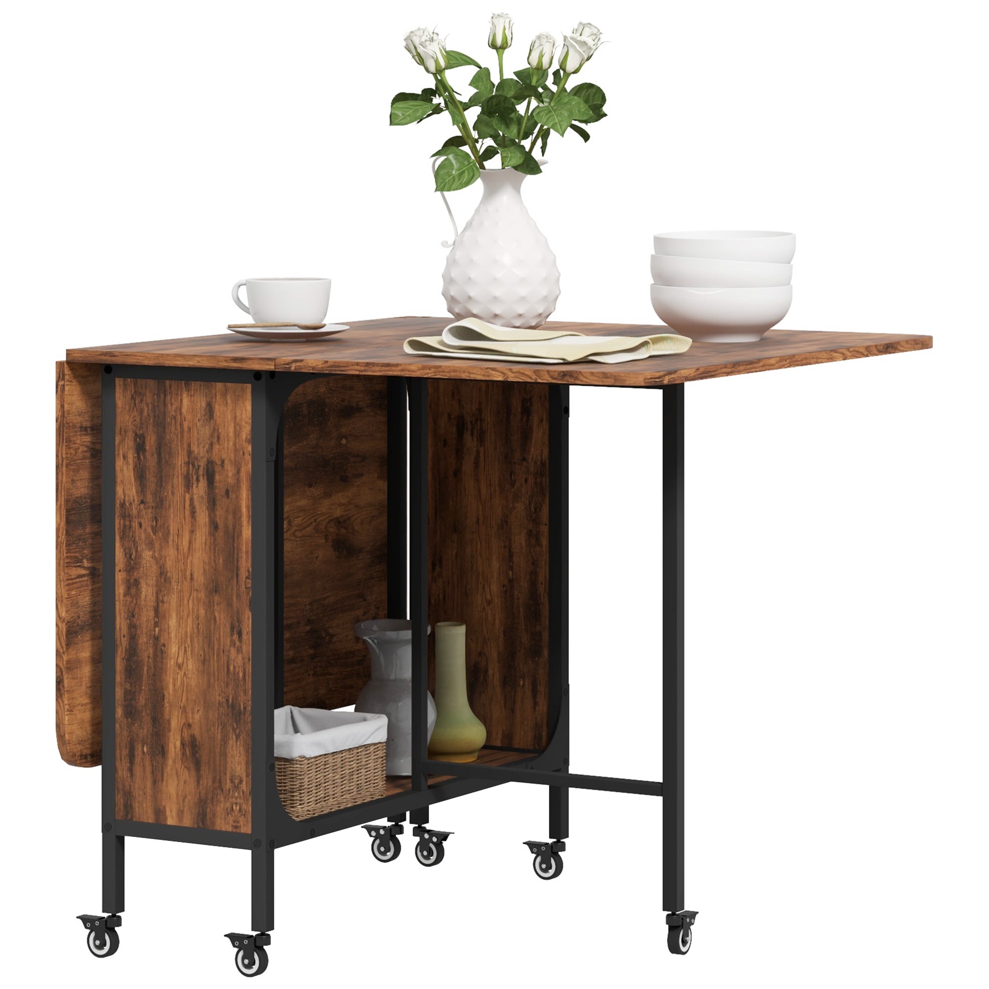 Mobile Drop Leaf Table, Folding Dining Table with 6 Wheels & Storage Shelf for Small Spaces, Kitchen, Dining Room, Rustic Brown