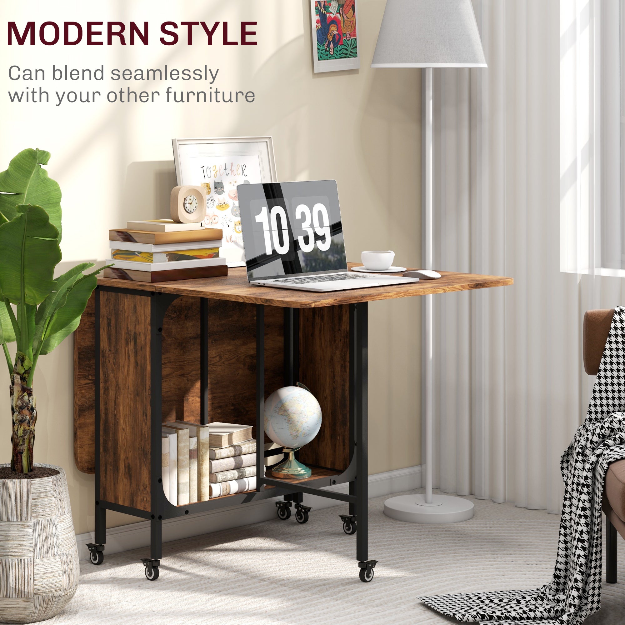 Mobile Drop Leaf Table, Folding Dining Table with 6 Wheels & Storage Shelf for Small Spaces, Kitchen, Dining Room, Rustic Brown