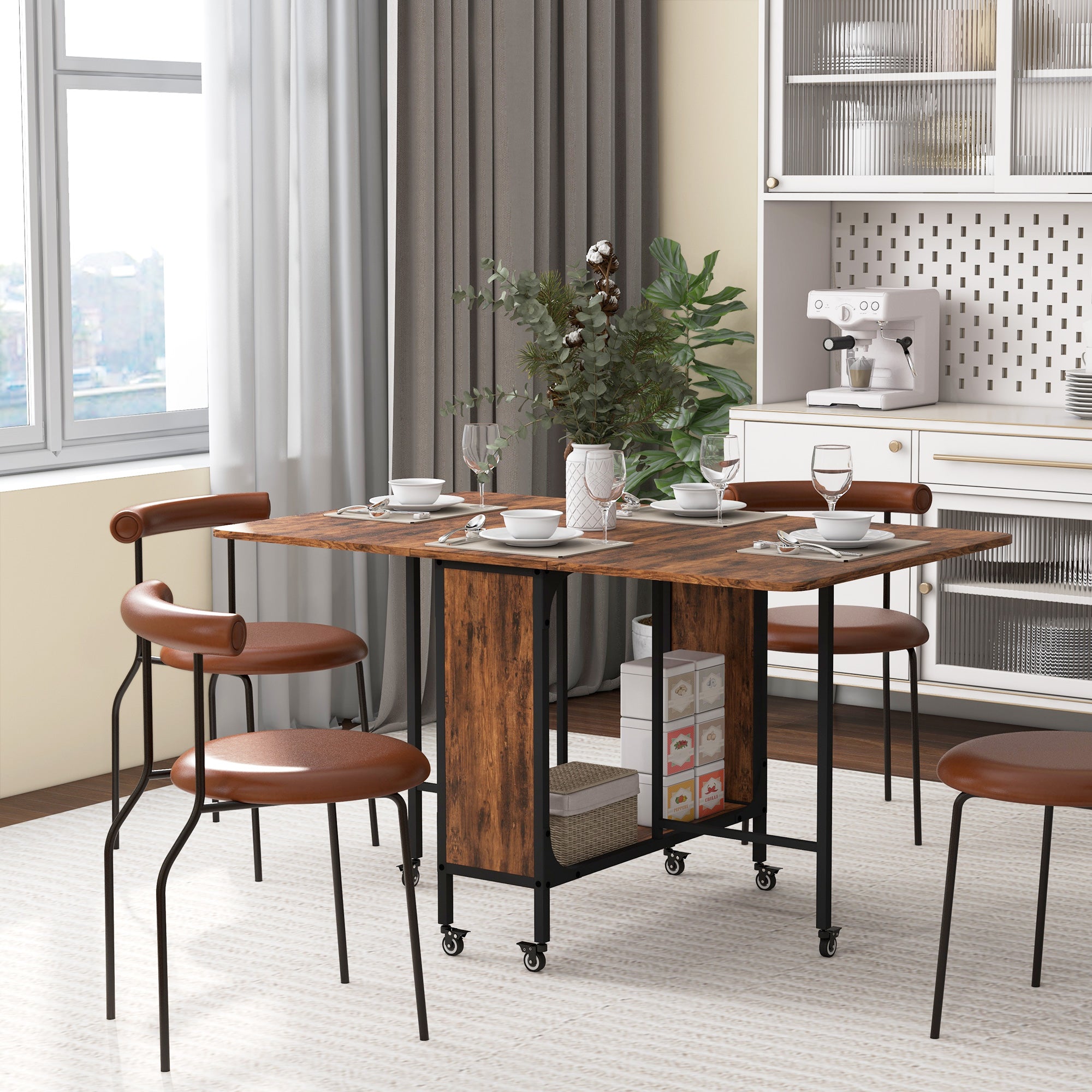 Mobile Drop Leaf Table, Folding Dining Table with 6 Wheels & Storage Shelf for Small Spaces, Kitchen, Dining Room, Rustic Brown