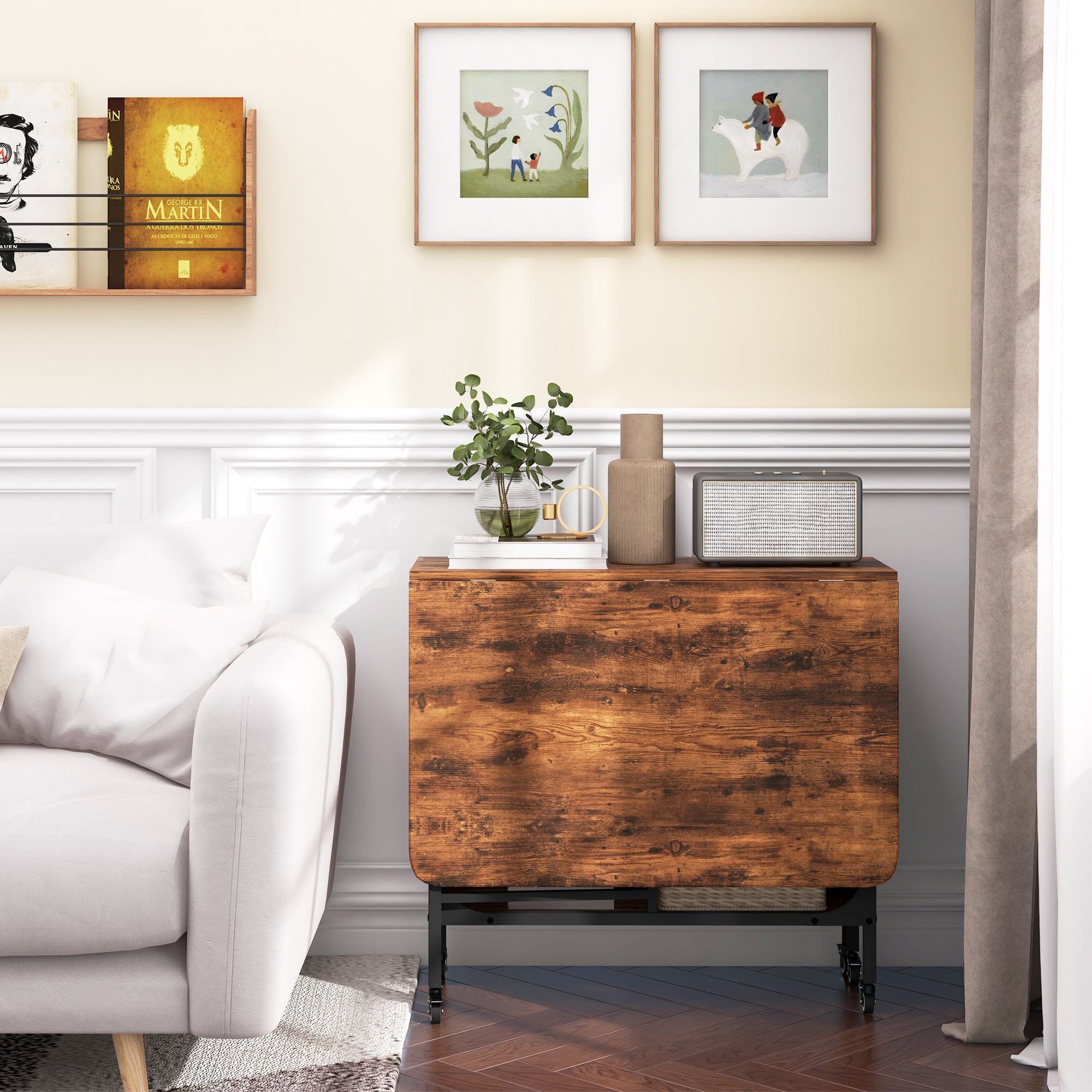 Mobile Drop Leaf Table, Folding Dining Table with 6 Wheels & Storage Shelf for Small Spaces, Kitchen, Dining Room, Rustic Brown