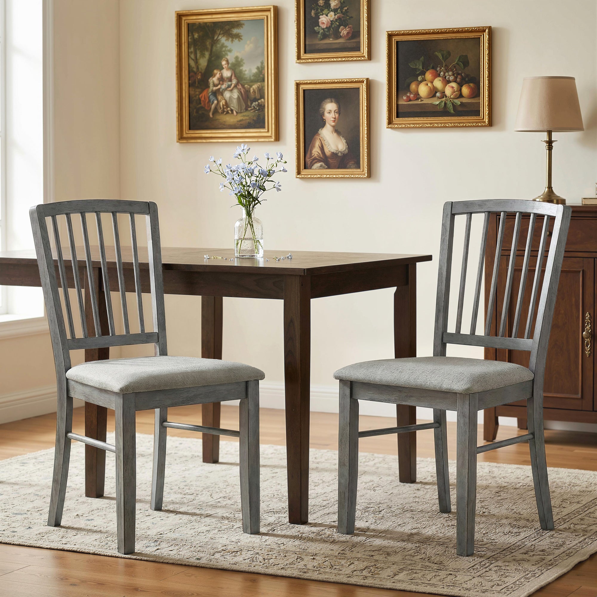 Farmhouse Dining Chairs Set of 2, Upholstered Linen Fabric Kitchen Chairs with Solid Rubberwood Legs for Kitchen, Dining Room, Rustic Gray