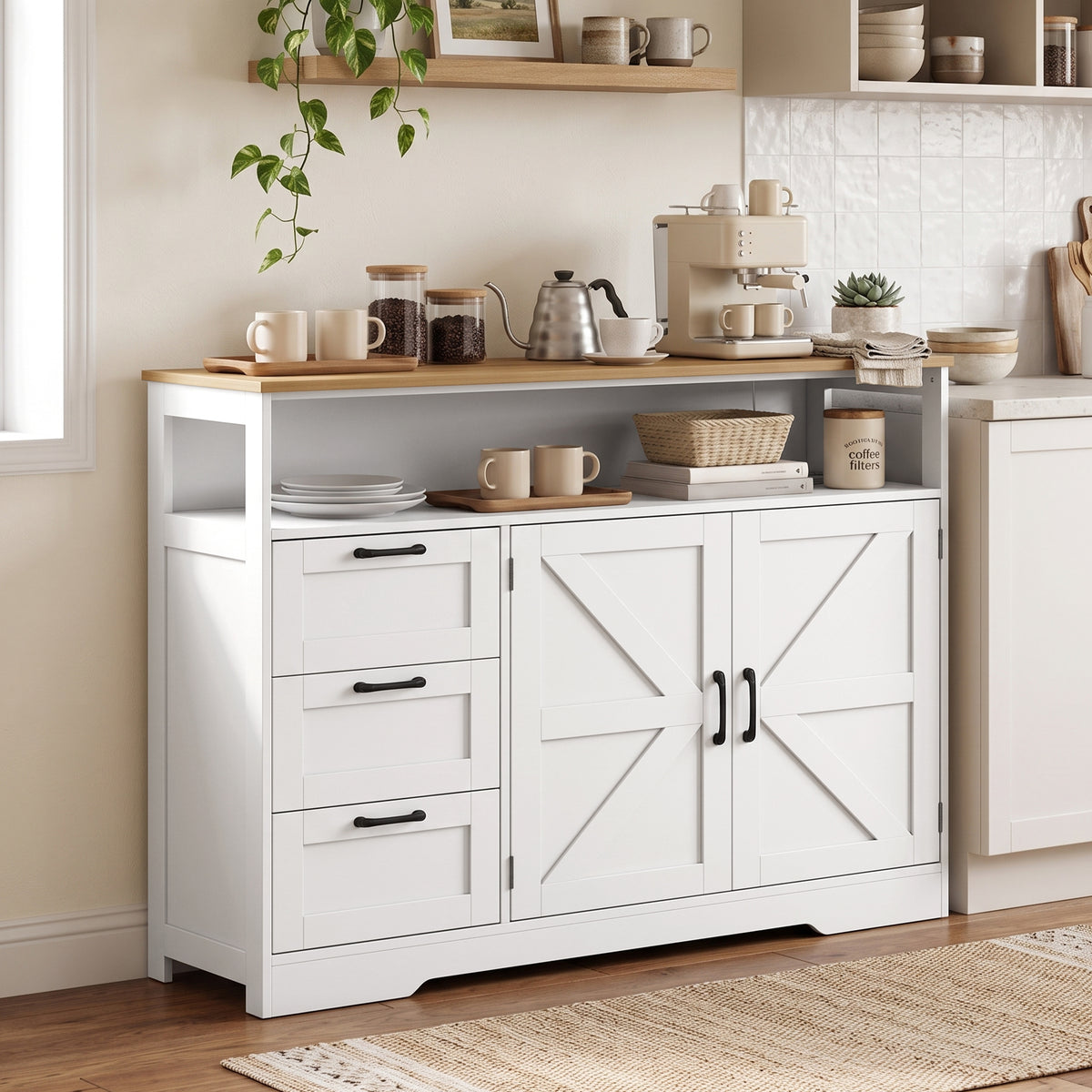 Sideboard Buffet Cabinet with Storage and Charging Station, 48" Farmhouse Kitchen Storage Cabinet with 3 Drawers and Open Shelf, Coffee Bar Station with Adjustable Shelf