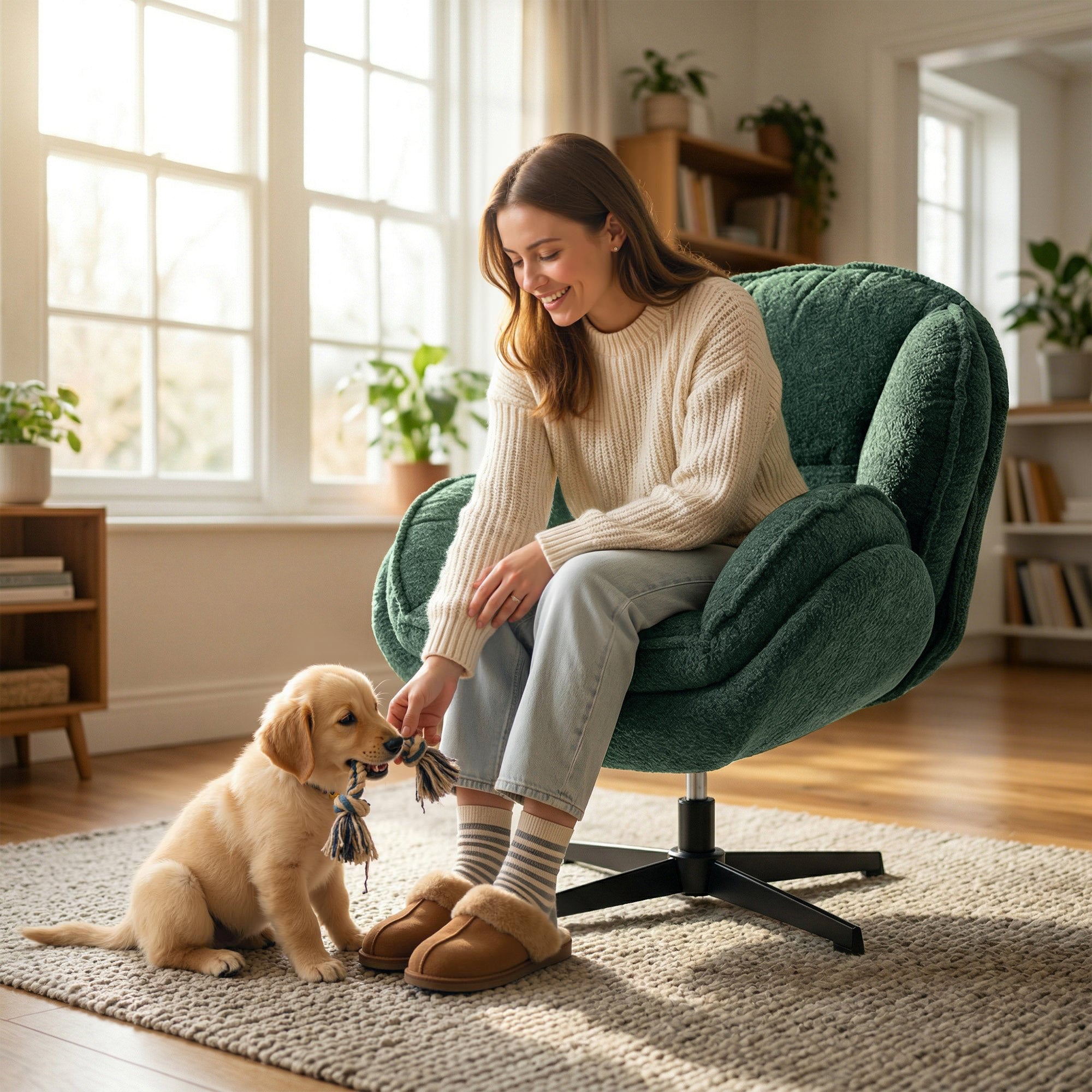 Modern Wingback Accent Chair, Velvet Armchair with 360° Swivel, Four-Star Base, S-Springs, Bedroom Chair for Living Room, Bedroom, Study, Dark Green