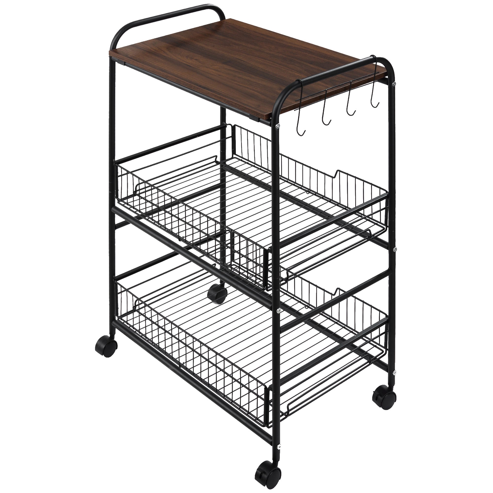 3-Tier Rolling Kitchen Cart with Storage, 2 Sliding Fruit Baskets & Side Hooks, Walnut