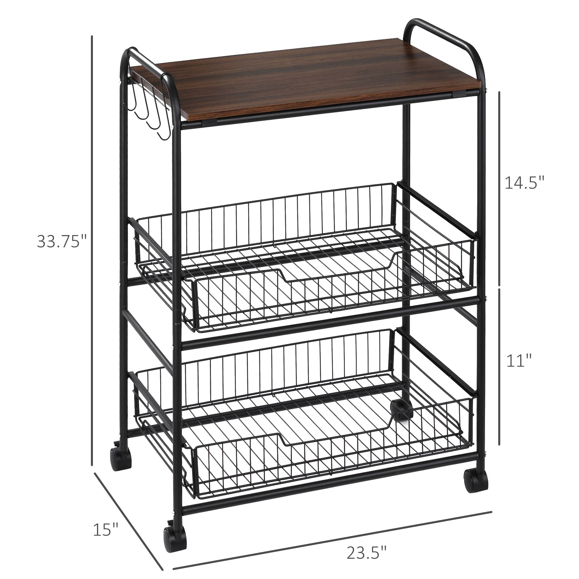 3-Tier Rolling Kitchen Cart with Storage, 2 Sliding Fruit Baskets & Side Hooks, Walnut