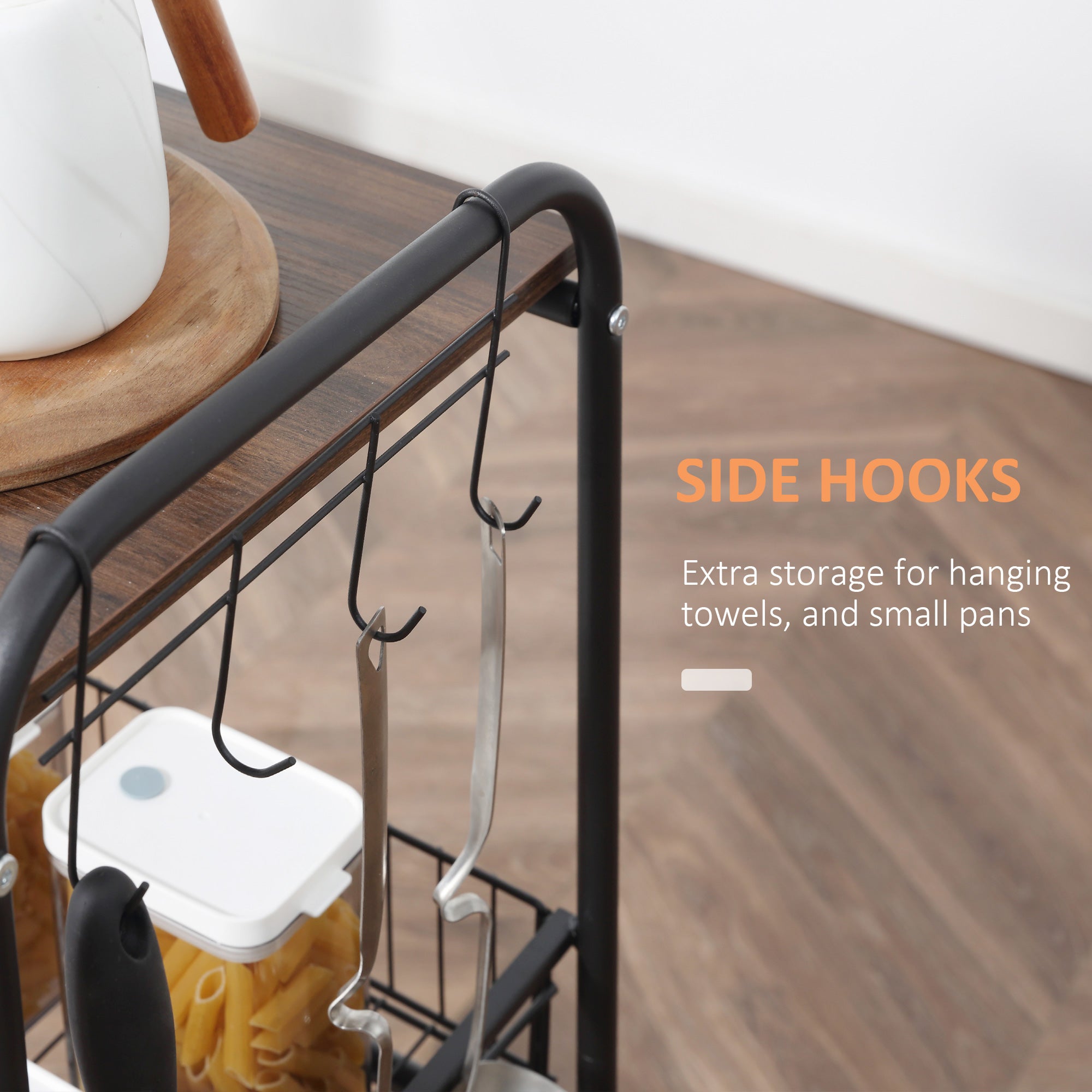 3-Tier Rolling Kitchen Cart with Storage, 2 Sliding Fruit Baskets & Side Hooks, Walnut