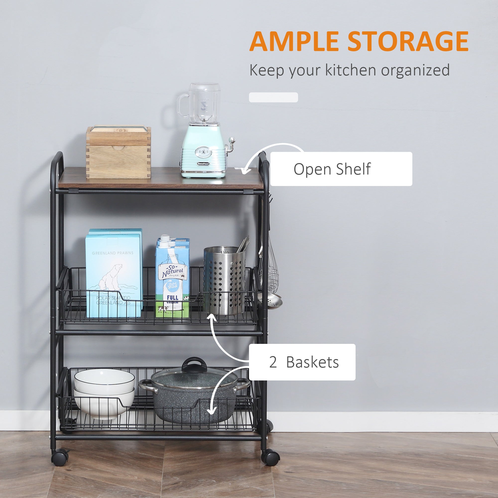 3-Tier Rolling Kitchen Cart with Storage, 2 Sliding Fruit Baskets & Side Hooks, Walnut