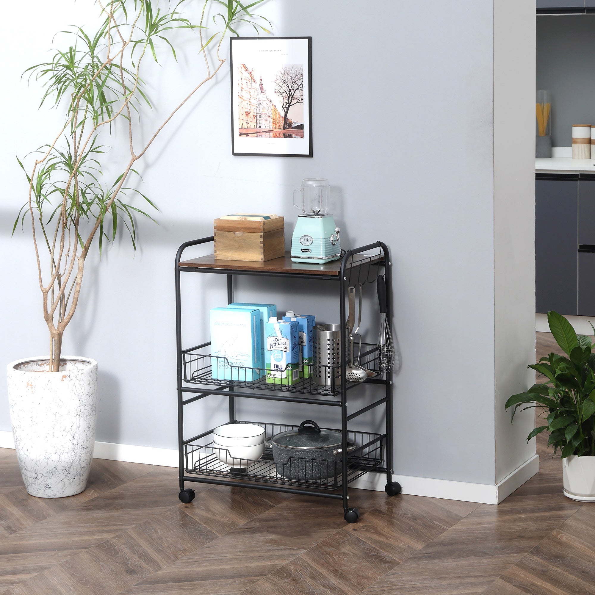 3-Tier Rolling Kitchen Cart with Storage, 2 Sliding Fruit Baskets & Side Hooks, Walnut