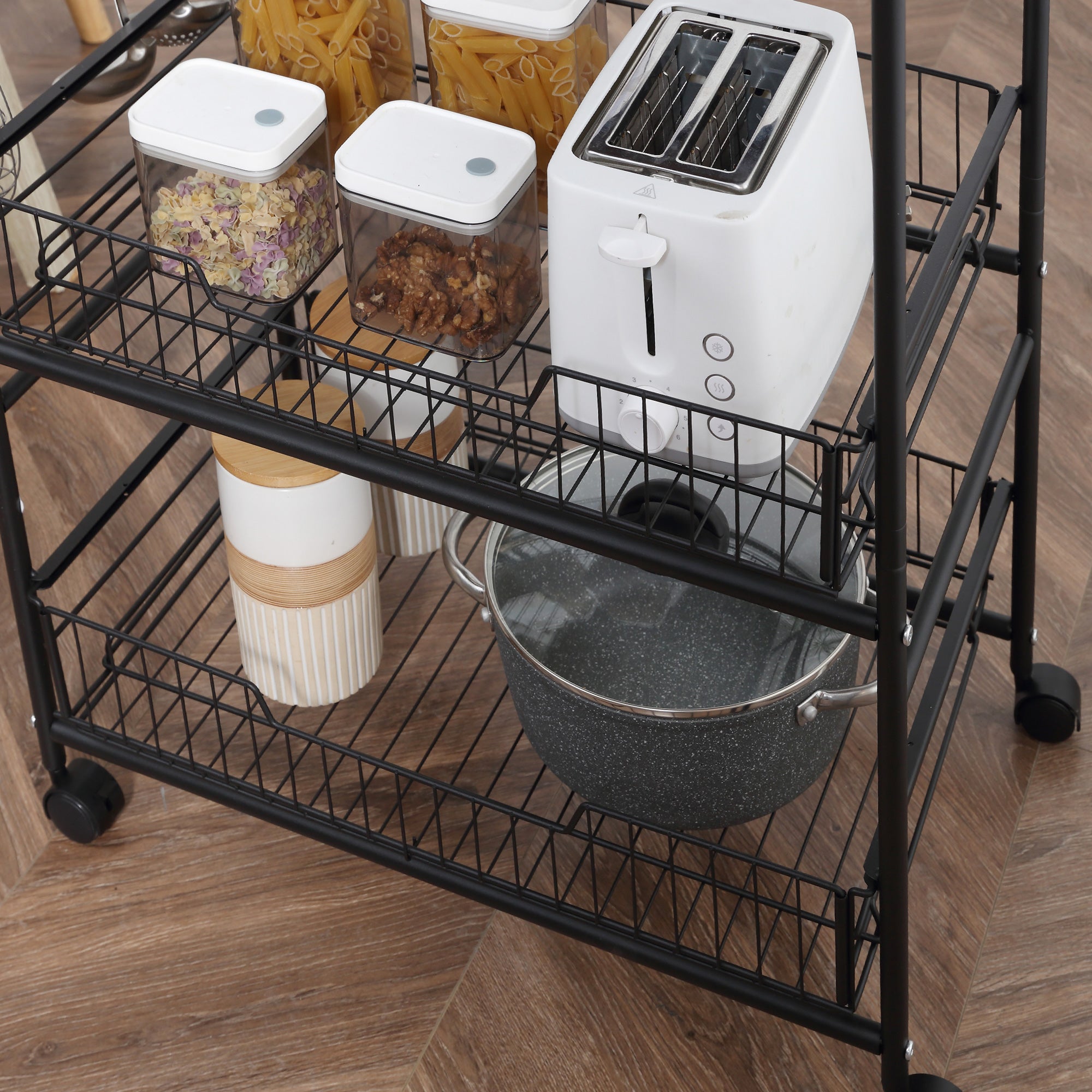 3-Tier Rolling Kitchen Cart with Storage, 2 Sliding Fruit Baskets & Side Hooks, Walnut