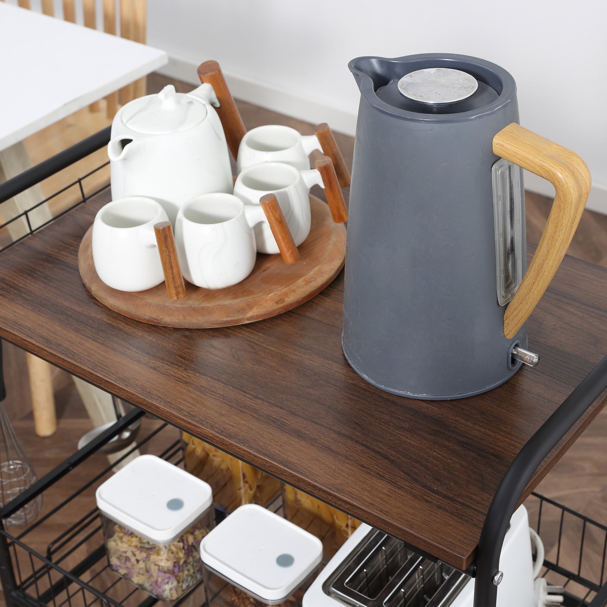 3-Tier Rolling Kitchen Cart with Storage, 2 Sliding Fruit Baskets & Side Hooks, Walnut