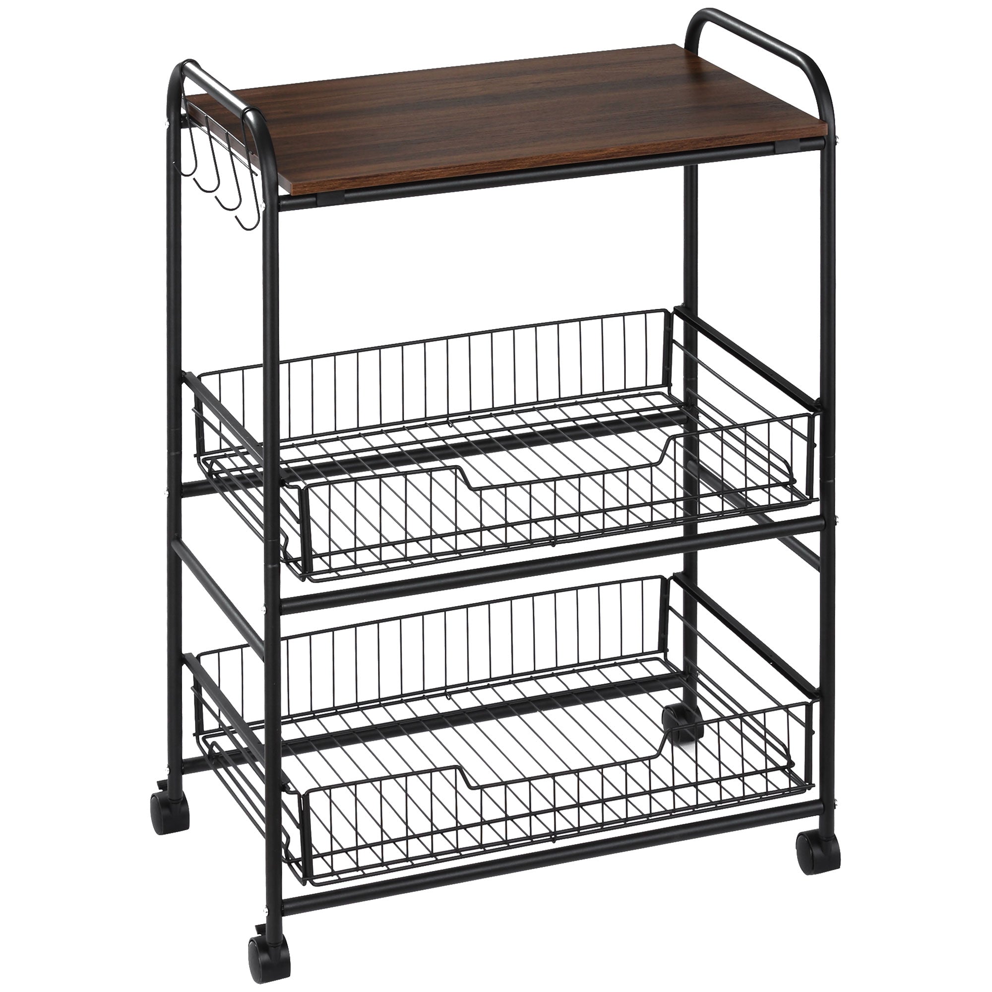 3-Tier Rolling Kitchen Cart with Storage, 2 Sliding Fruit Baskets & Side Hooks, Walnut
