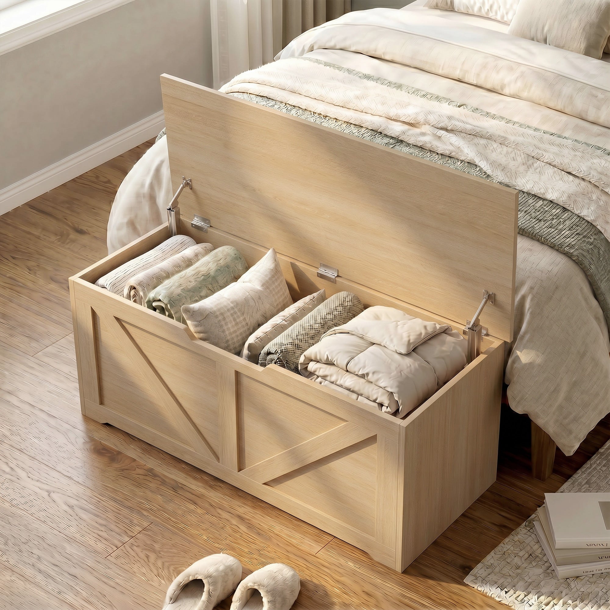 127L Storage Chest, Shoe Storage Trunk Bench Box with 2 Safety Hinges and U-shaped Cut-out Pull, Blanket Box Ottoman for Bedroom, Living Room, Entryway, 100 x 40 x 45 cm, Nature Wood Finish
