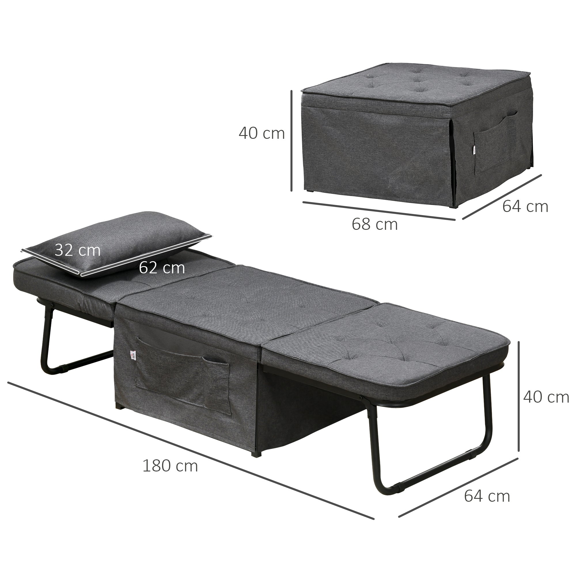HOMCOM Folding Chair Bed, 4-in-1 Convertible Sleeper Chair with Adjustable Backrest, Pillow, Side Pockets, Armchair for Bedroom, Living Room, Charcoal Grey