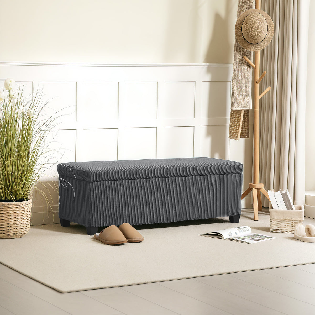 Storage Ottoman Bench, Corduroy Bedroom Bench with Storage, Removable Lid, Legs, 44 Inches Foot Stool for Living Room, Bedroom, Entryway, Grey