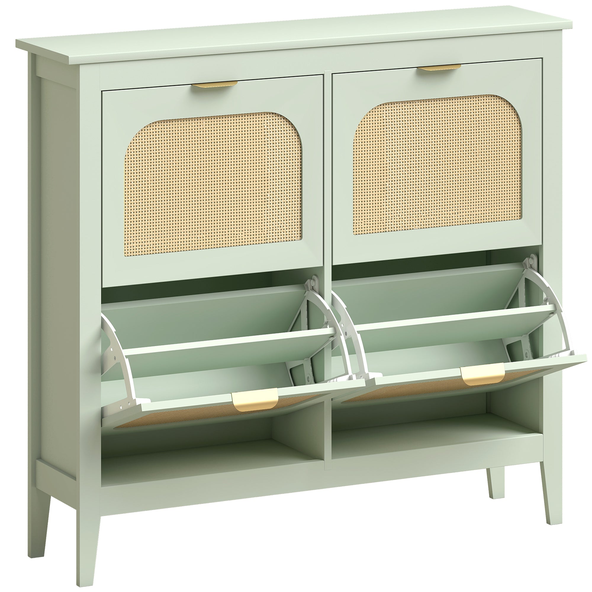 Shoe Storage Cabinet with 4 Flip Drawers, Boho Slim Shoe Cabinet with Rattan Doors for Entryway, Hallway, Holds 20 Pairs, Light Green