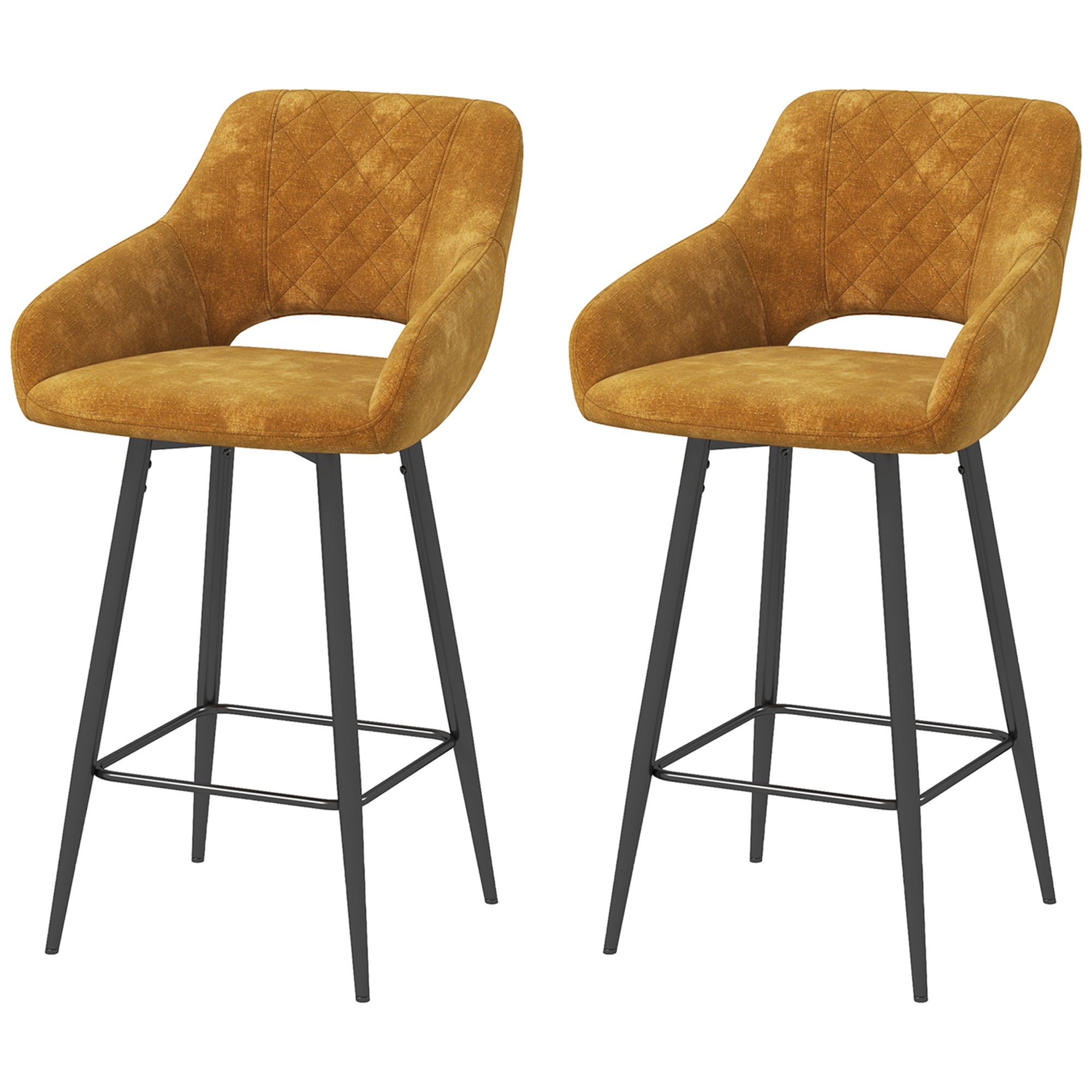 HOMCOM Bar Stools Set of 2, Velvet-Touch Fabric Counter Height Bar Chairs, Kitchen Stools with Steel Legs for Dining Area, Kitchen Island Barstools, Brown