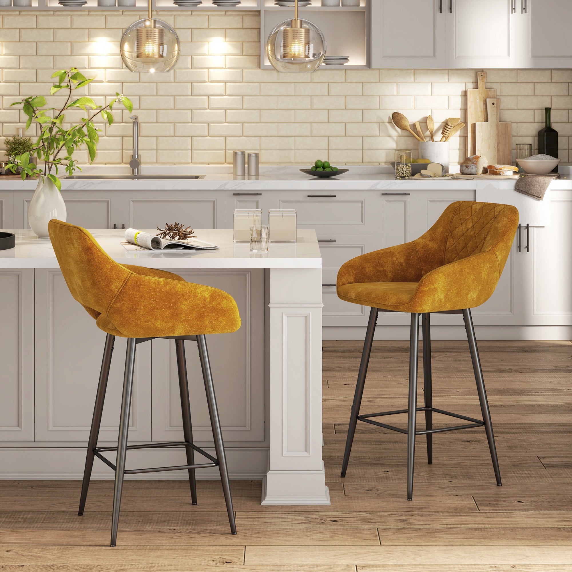 HOMCOM Bar Stools Set of 2, Velvet-Touch Fabric Counter Height Bar Chairs, Kitchen Stools with Steel Legs for Dining Area, Kitchen Island Barstools, Brown