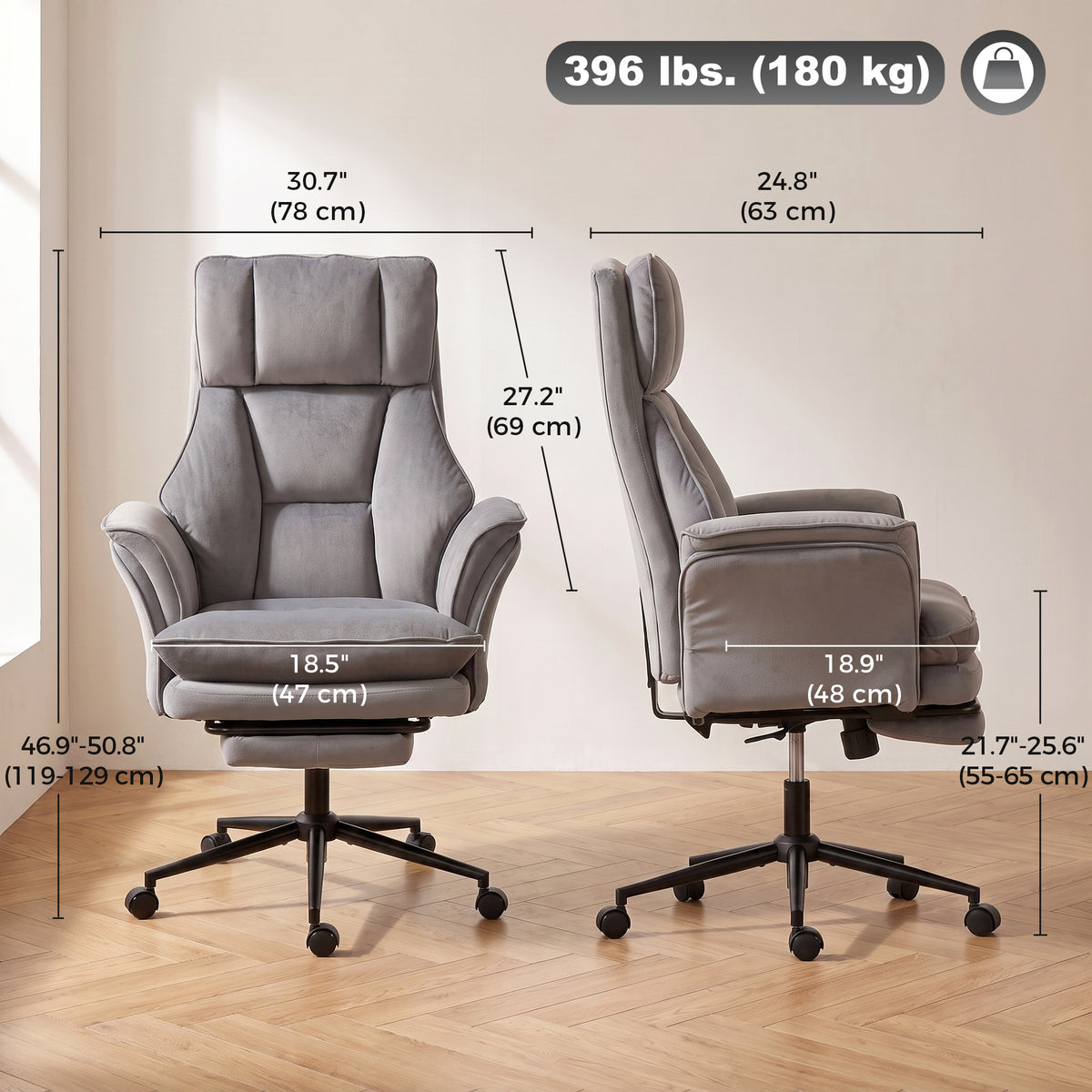 Cross Legged Office Chair with Footrest, 396 lbs Reclining Computer Desk Chair with High Back, Flip-up Armrests, Adjustable Height, Thick Cushion, Rocking Function, Grey