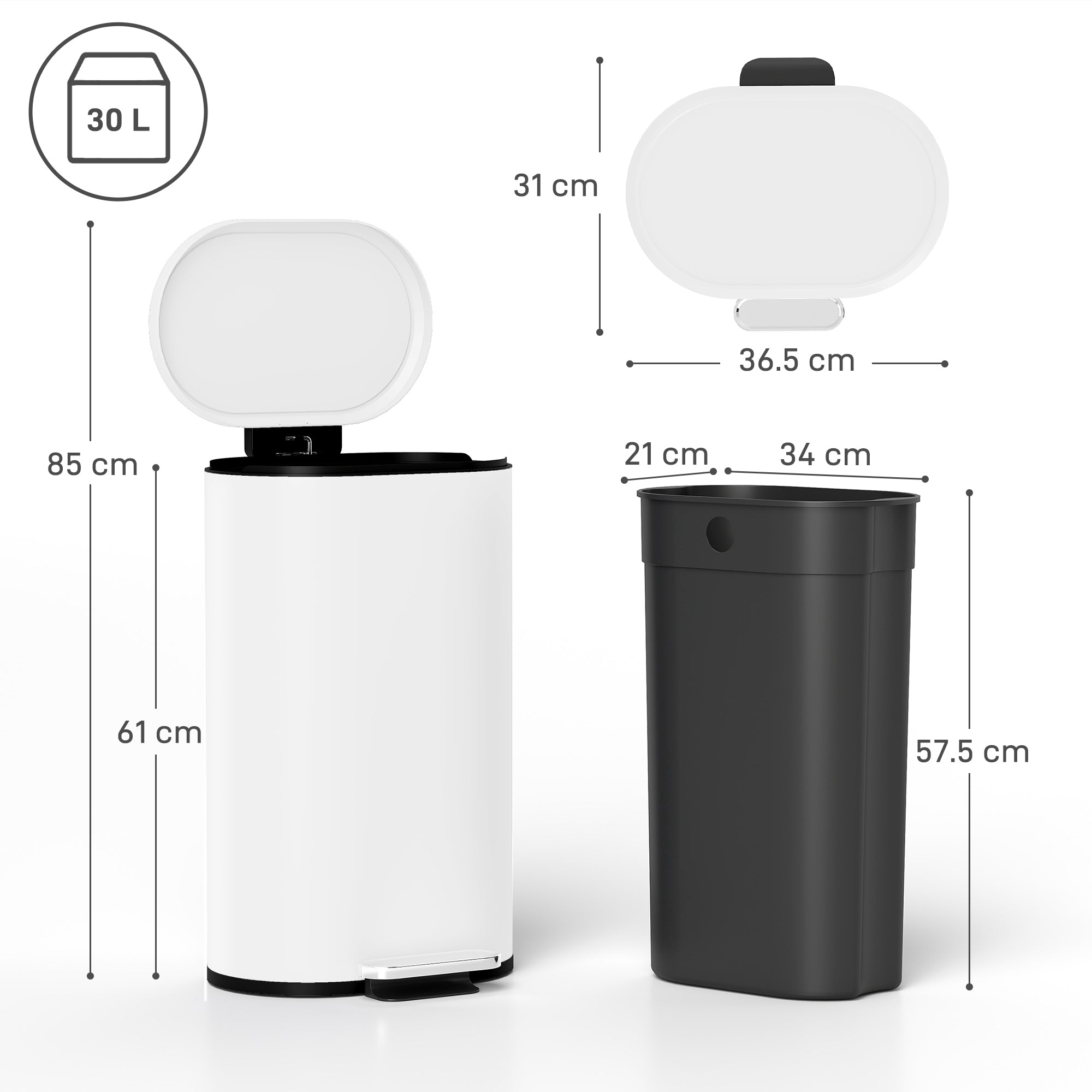 30L Kitchen Bin with 90° Stay-Open Lid, Slim Rectangular Pedal Bin with Soft-Close Lid, Removable Inner Bucket for Home Office, Fingerprint-Resistant, White