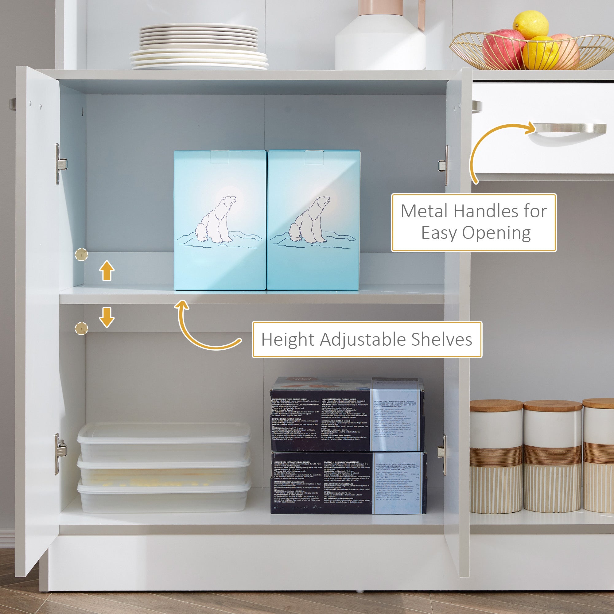 71" Buffet with Hutch, Storage Pantry w/ 6 Doors, 3 Adjustable Shelves & Drawer, White