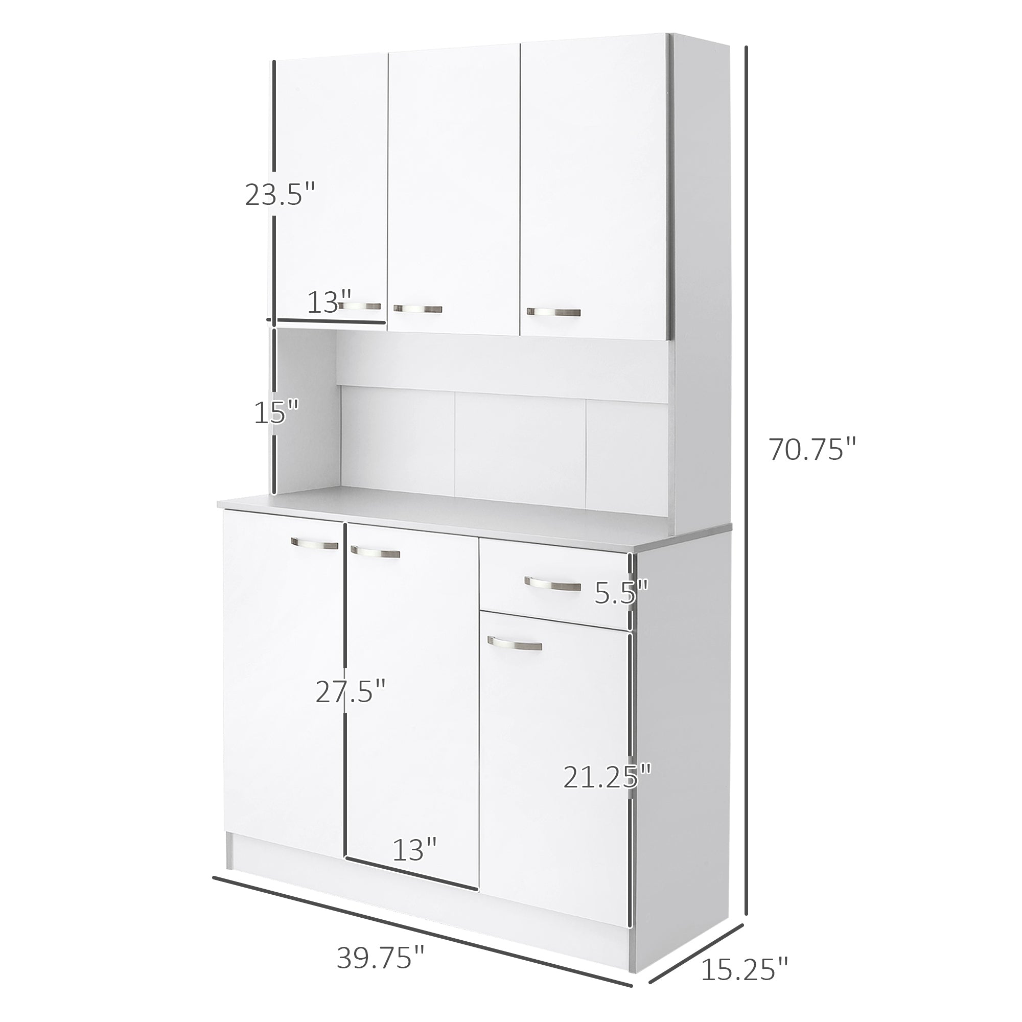 71" Buffet with Hutch, Storage Pantry w/ 6 Doors, 3 Adjustable Shelves & Drawer, White
