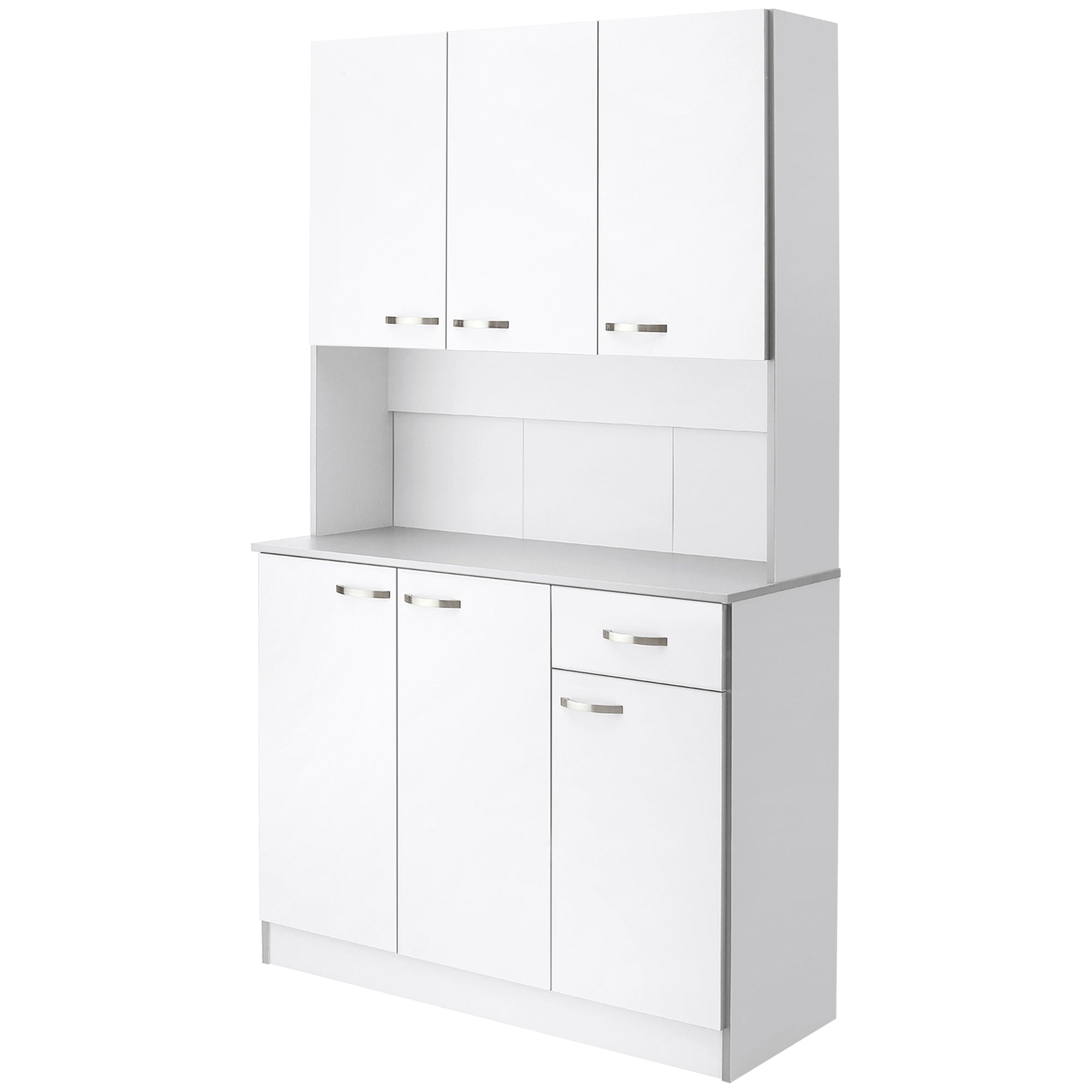 71" Buffet with Hutch, Storage Pantry w/ 6 Doors, 3 Adjustable Shelves & Drawer, White