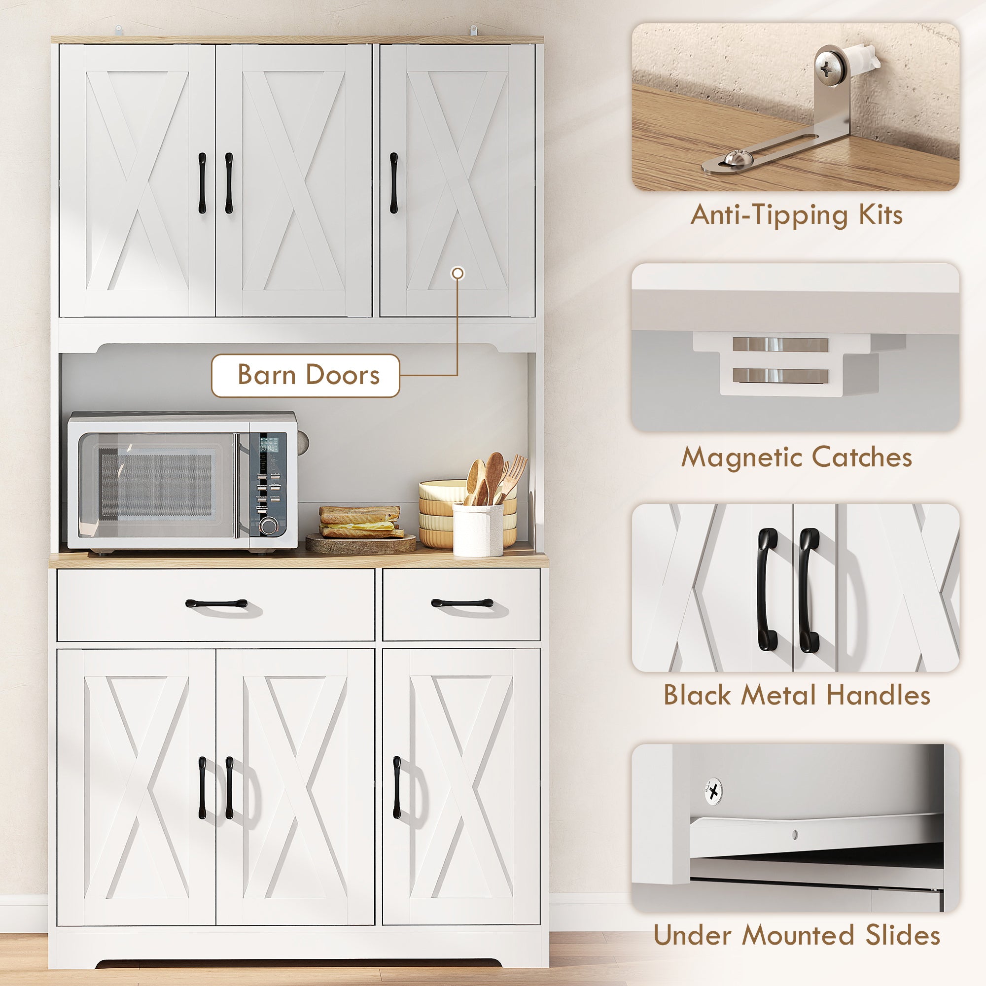 175 cm Tall Kitchen Pantry Cabinet with Microwave Stand, Farmhouse Kitchen Hutch, Freestanding Pantry Cupboard with 2 Drawers, 2 Adjustable Shelves and Cable Management, White