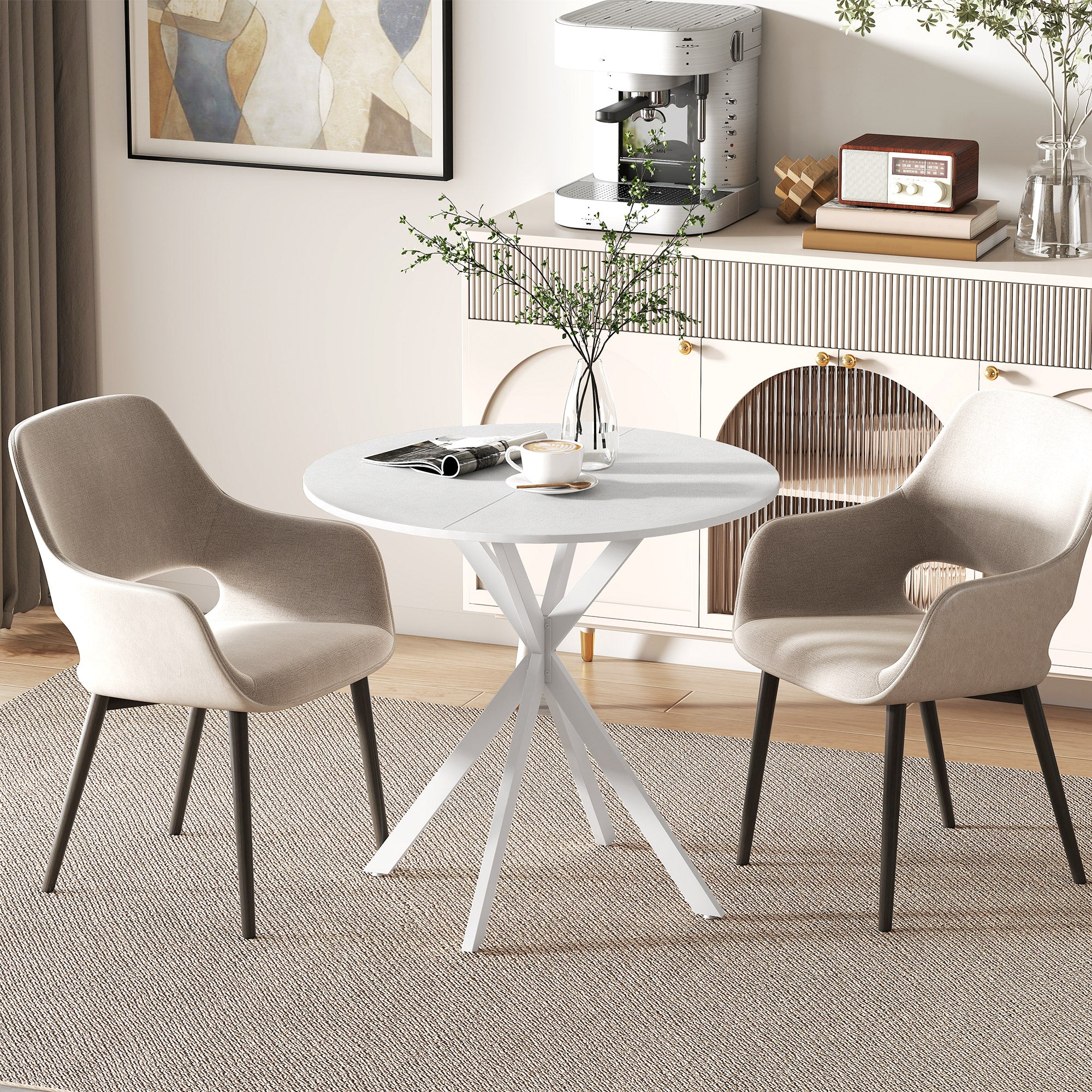 80cm Round Dining Table, Industrial Kitchen Table with Cross Steel Legs for Dining Room, Kitchen, Living Room, White