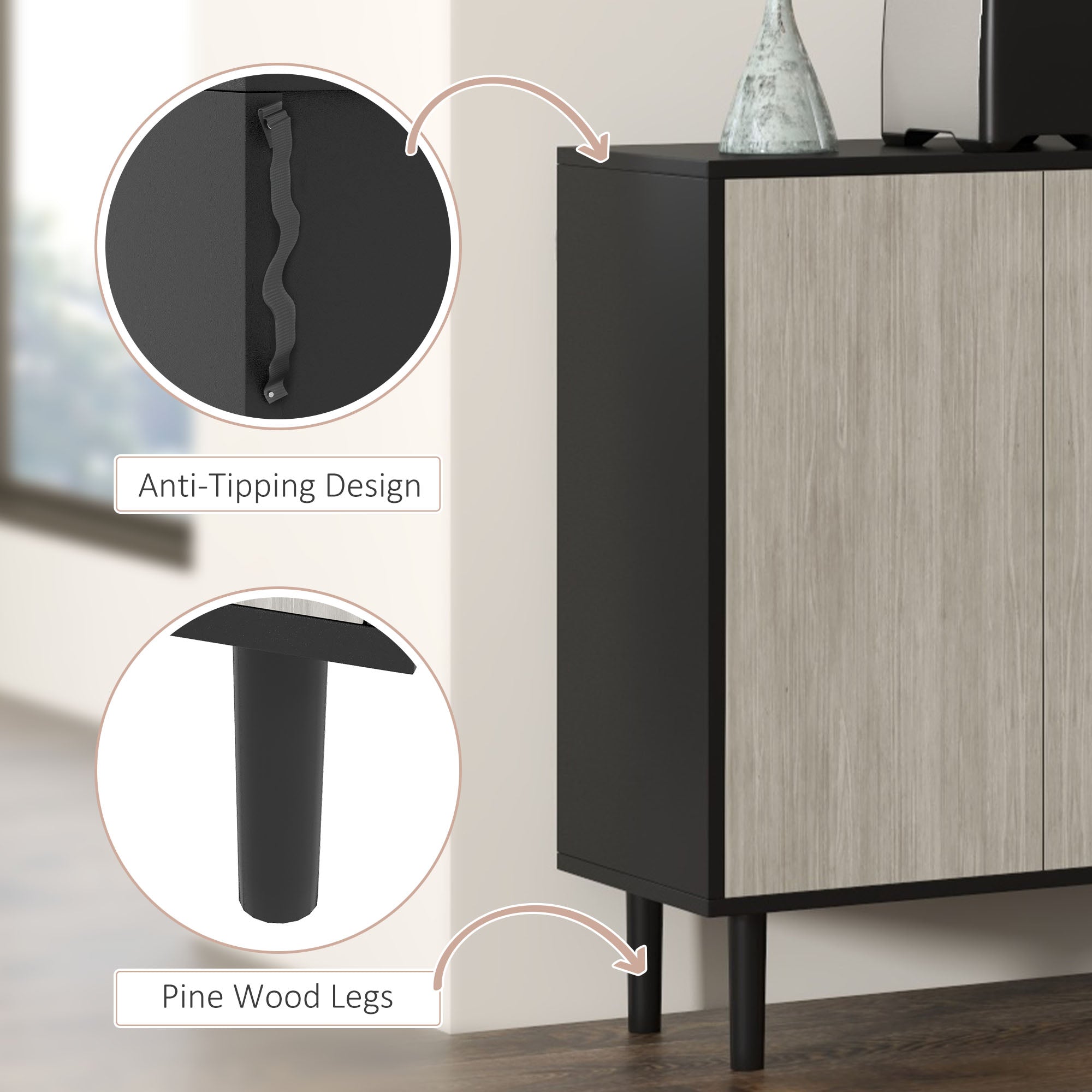 HOMCOM Modern Sideboard with 2 Cupboards, Kitchen Storage Cabinet for Living Room with Adjustable Shelves, 4 Doors and Solid Wood Legs, Black