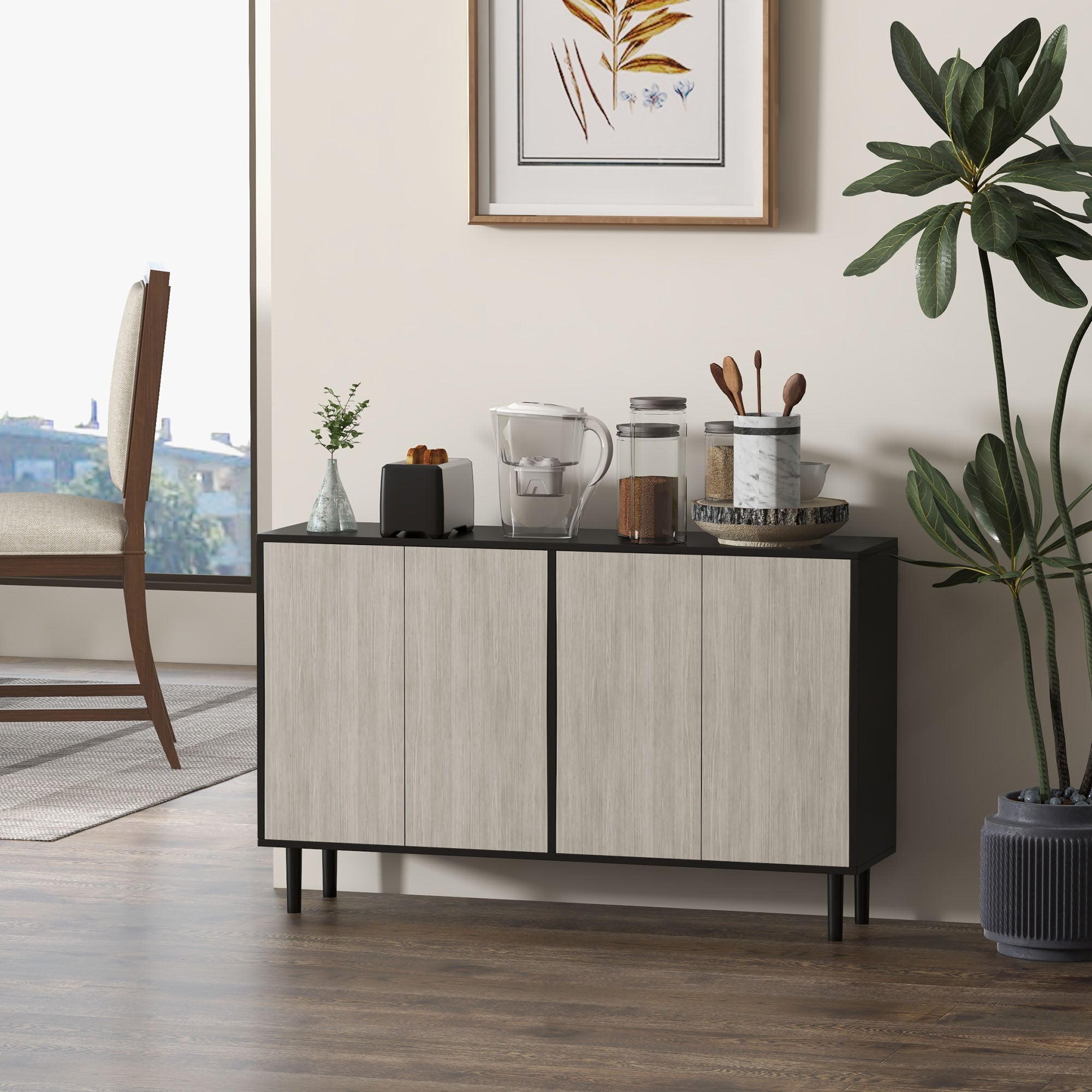 HOMCOM Modern Sideboard with 2 Cupboards, Kitchen Storage Cabinet for Living Room with Adjustable Shelves, 4 Doors and Solid Wood Legs, Black