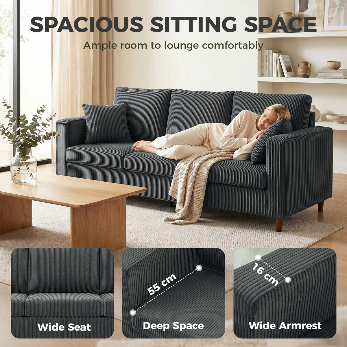 99" Corduroy Couch, Modern 3 Seater Sofa with Wide Deep Seat, Wide Armrests, Spring Cushion, Thick Padded, Solid Wood Legs, Fabric Sofa for Living Room, Dark Grey